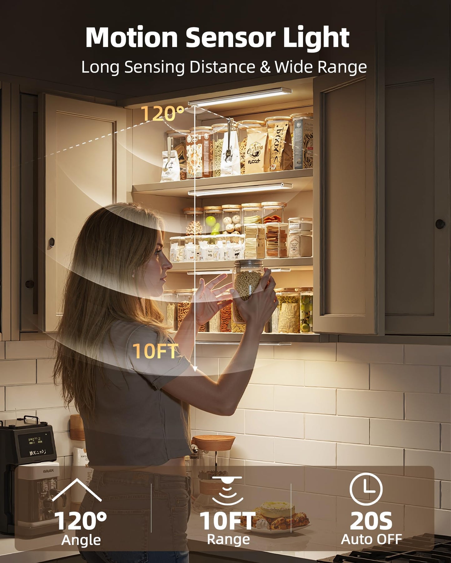 Under Cabinet Lighting Wireless,Rechargeable Battery Motion Sensor Light Indoor,LED Closet Lights USB Charging,3 Color Dimmable Under Cabinet Lights for Kitchen, Cabinet, Wardrobe (3 Pcs)12in