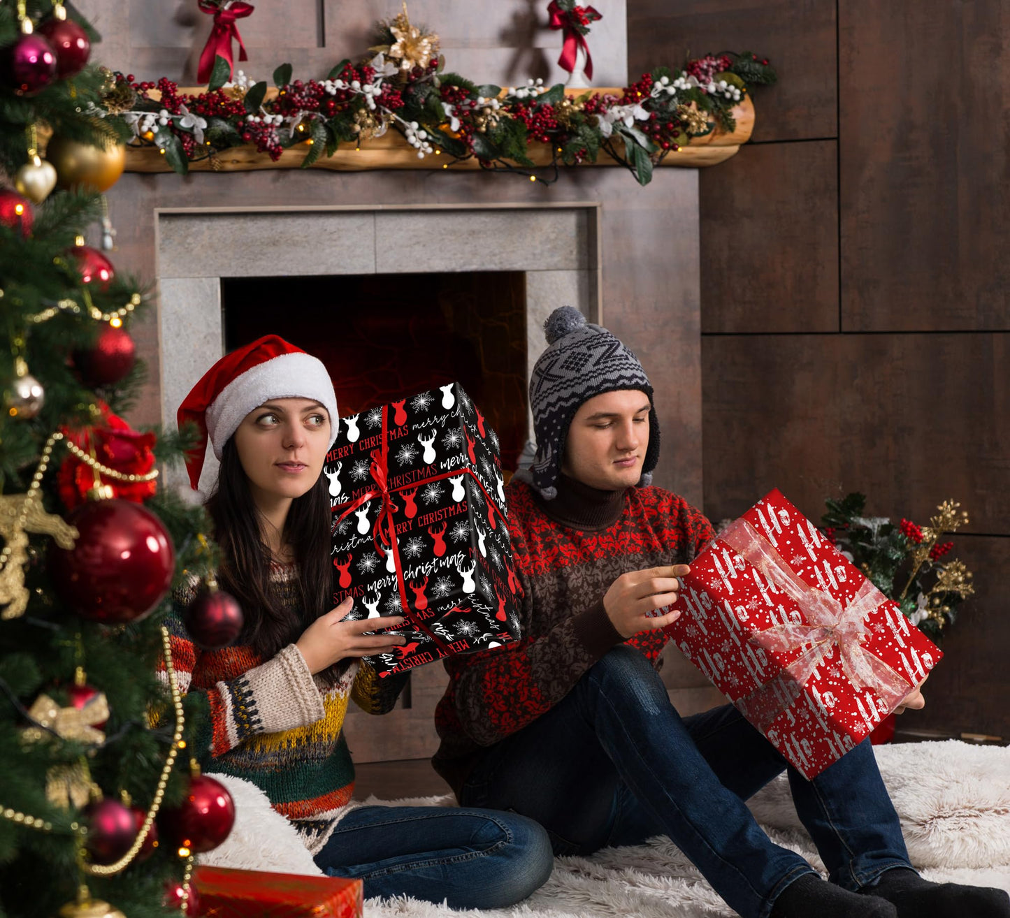 ZINTBIAL Christmas Wrapping Paper for Kids Adults - Xmas Wrapping Paper with Red/Black Plaid, Reindeer, Gnome, “Ho Ho” Words - 28 x 40 Inches, 6 Jumbo Sheets, Easy to Store