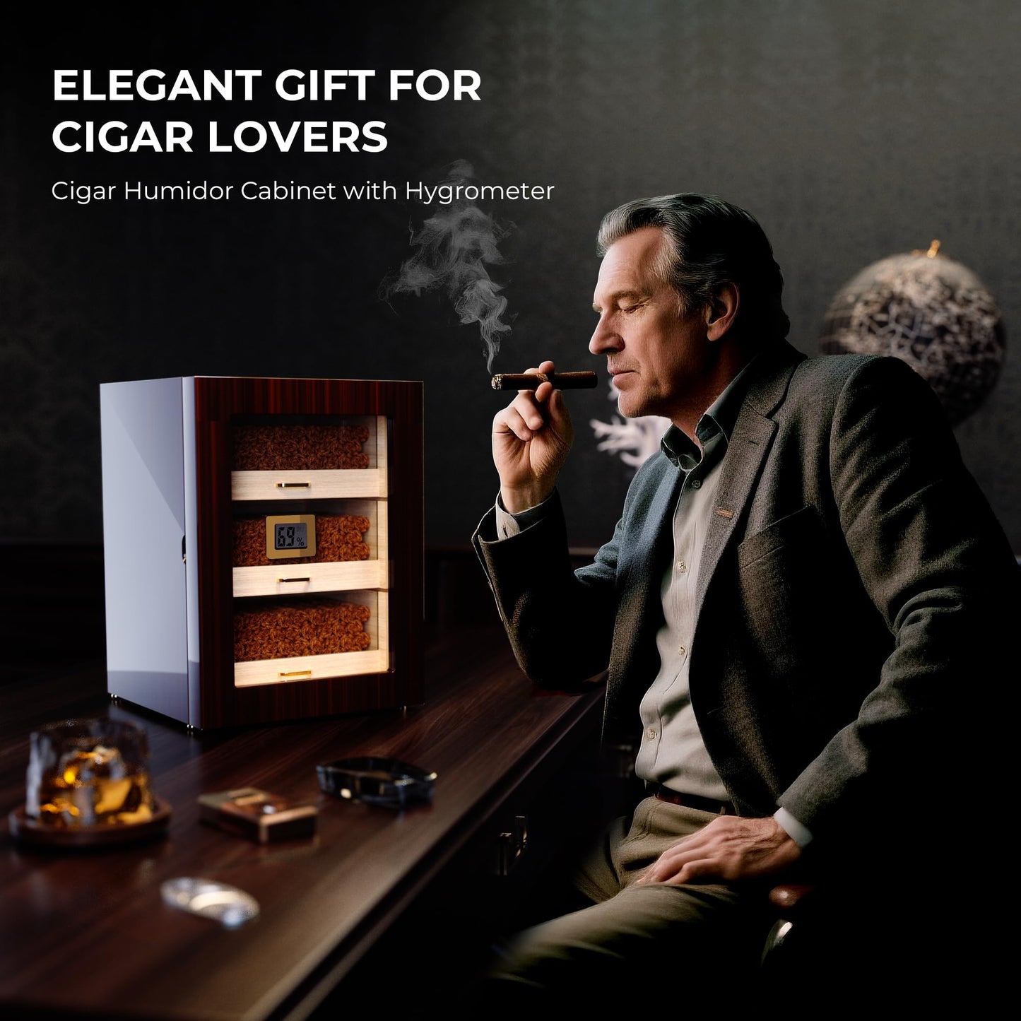 Woodronic Cigar Humidor Cabinet for 150 Counts with Spanish Cedar Lining, Crystal Gel Humidifiers, Digital Hygrometer & Larger Drawers, Glossy Ebony Finish, Desktop Cigar Gift for Men