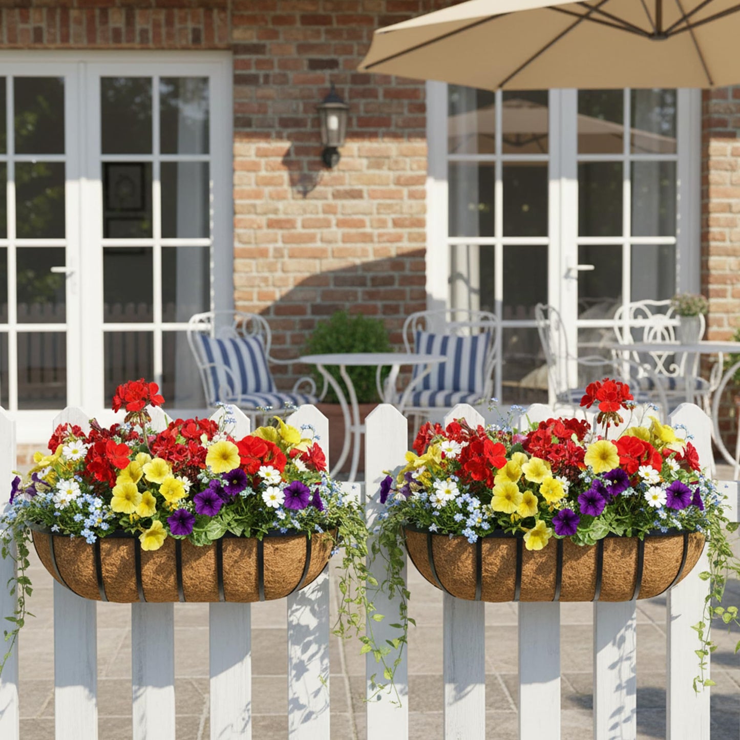 24 Inch Railing Planter Window Box Deck Balcony Rail Planter with Coco Liner Metal Wall-Mounted Coconut Liner Planter Basket English Horse Trough Planters for Outdoor Balcony Porch Fence (2 Pack)