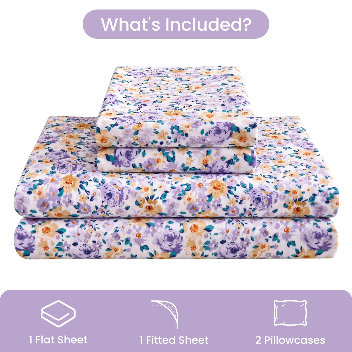 Mooreeke Floral Full Bed Sheets, Soft Microfiber Printed Bedding Sheets & Pillowcases, Deep Pocket Non-Slip Vintage Full Sheet, Purple Yellow Flower Pattern Bedsheets