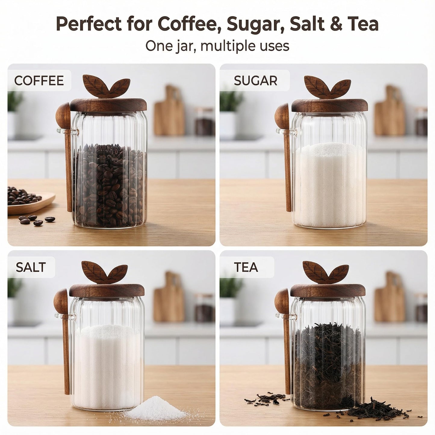 Splotiva Glass Coffee Canister with Wooden Lid & Spoon, Airtight Food Storage Jar for Coffee, Sugar, Salt, Tea & Snacks (17floz x 2)