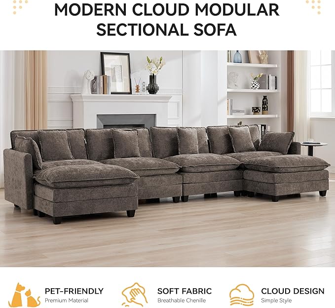 147'' Sectional Cloud Deep Seat Couch, Oversized Chenille U Shaped Sectional