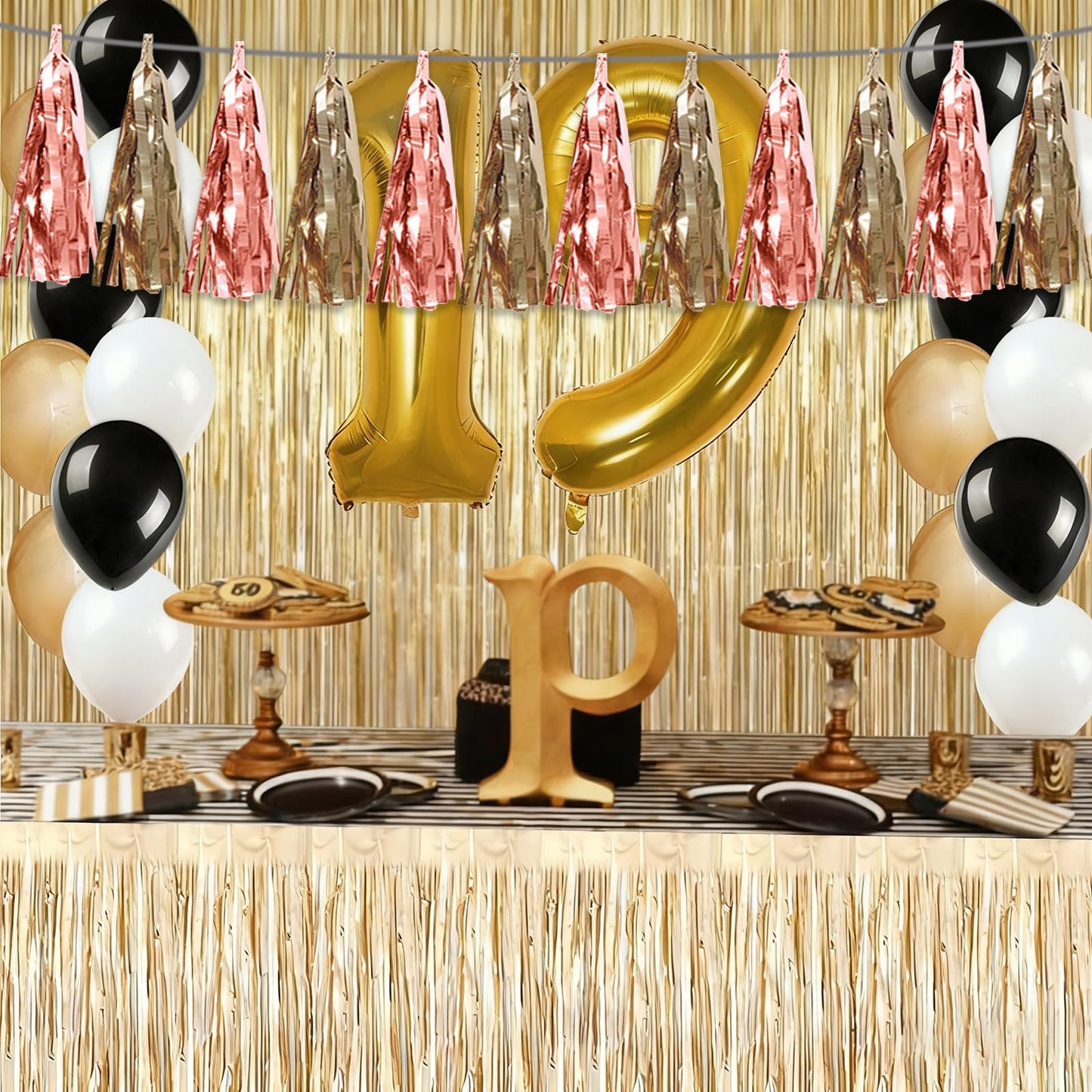 4P Rose Champagne Gold Tassel Banner Garland Metallic Foil Fringe Banner Tinsel Tassels Streamer Banner Backdrop for Parade Floats, Graduation Decorations, Wedding Party Decoration