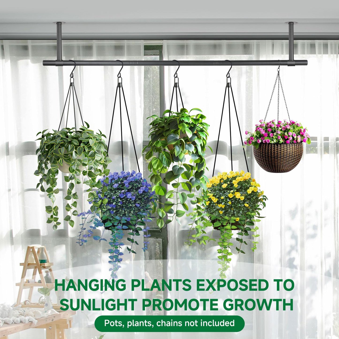 Uoveya Hanging Planters Rod – Plant Hanger Indoor for Window Ceiling, Hanging Plant Shelf for Wall Planter House Plants, Plant Shelves Metal Holder Bar 31.5In Black (Pots, plants, chains not included)