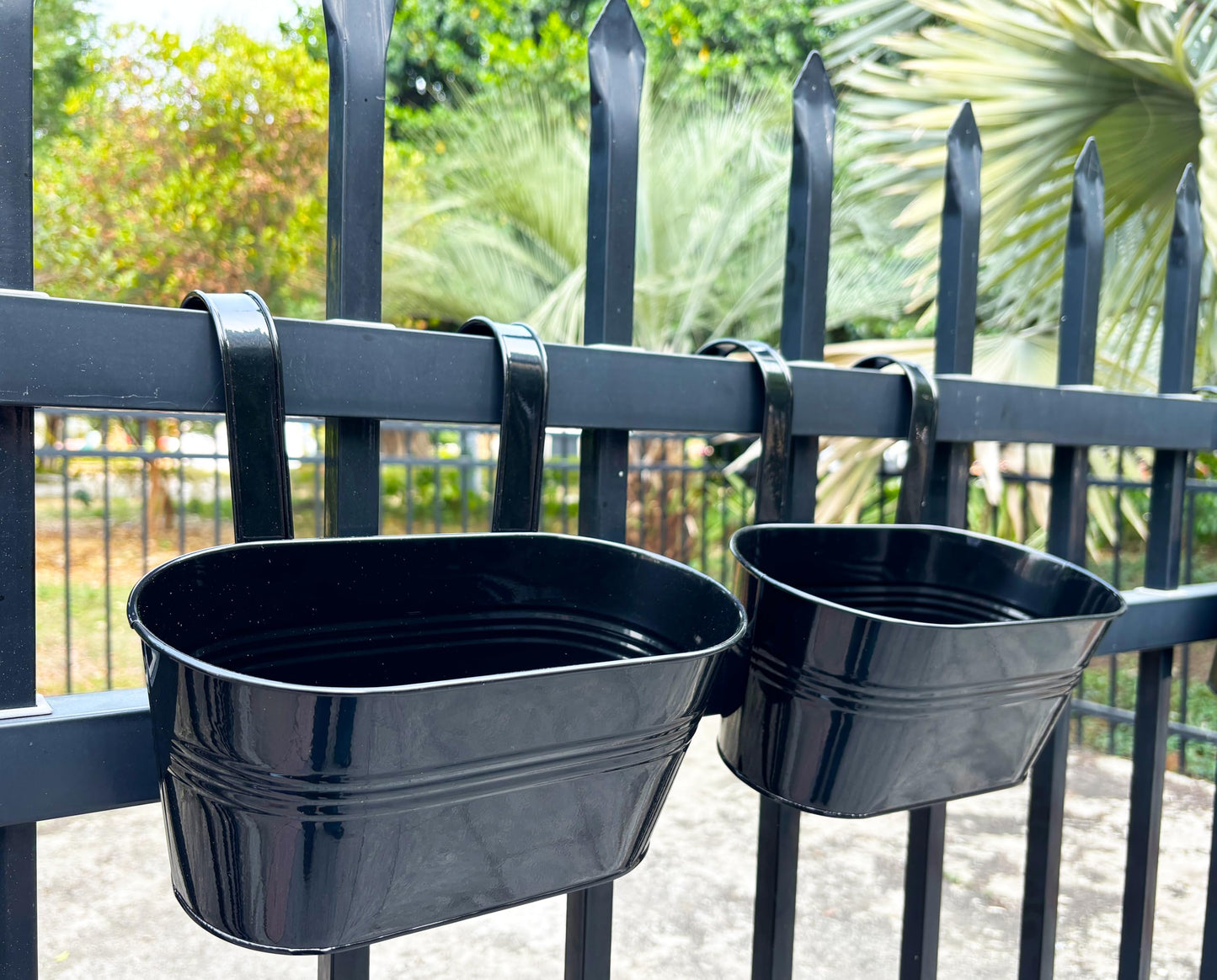 Joyfernal 8 Pack Metal Hanging Planter for Outdoor Plants, 10 Inch Black Fence Planters Railing Pots for Garden Patio Balcony Decor, Flower Bucket with Detachable Hooks (Black, 8Pcs)