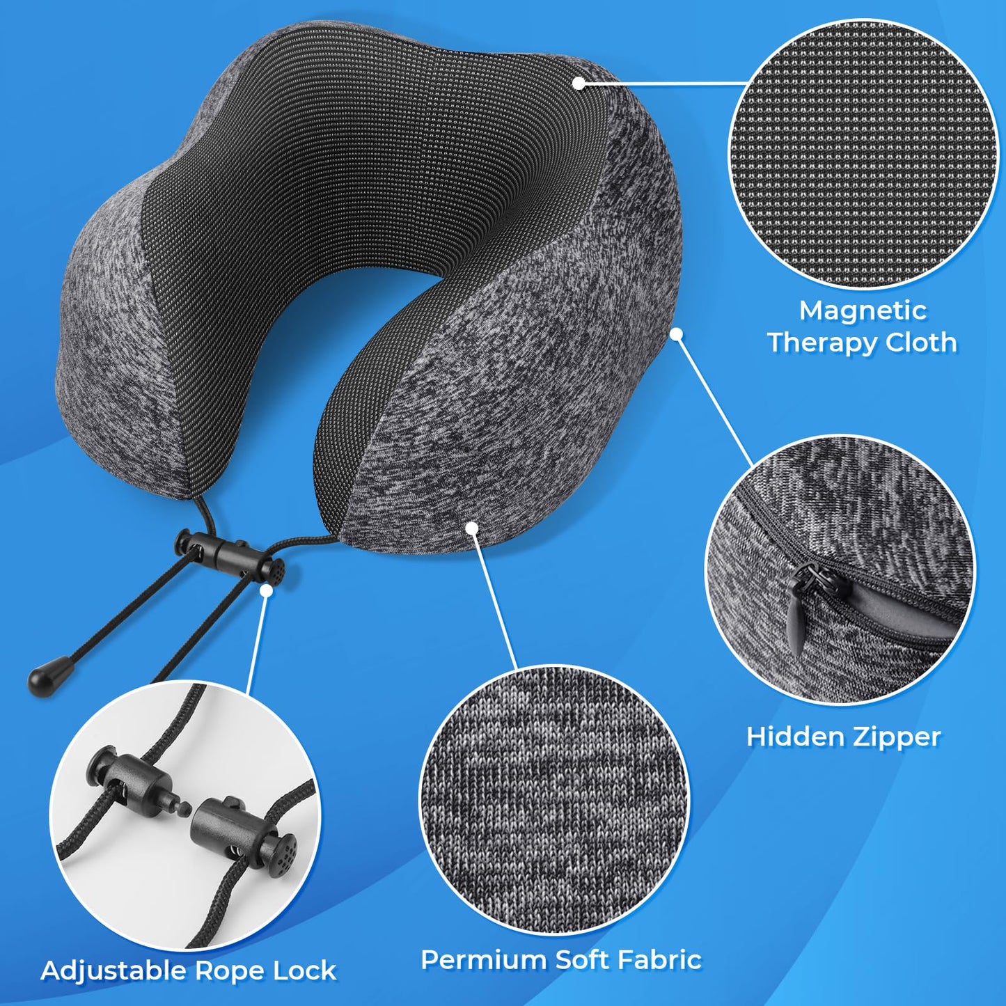 ExploreBliss Travel Pillow, Travel Pillows for Sleeping Airplane, Removable Cover Neck Pillow with Adjustable Clasp, Memory Foam Neck Pillow Set with Eye Mask, Earplugs and Storage Bag (Dark Grey)