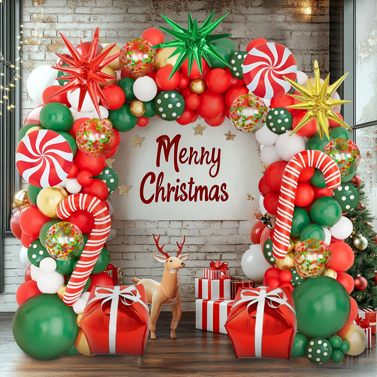 Christmas Balloons Garland Arch Kit, Red Green White Gold with Candy Cane Gift Box Explosion Star Foil Balloons for Christmas New Year Candies Xmas Theme Party Decorations...