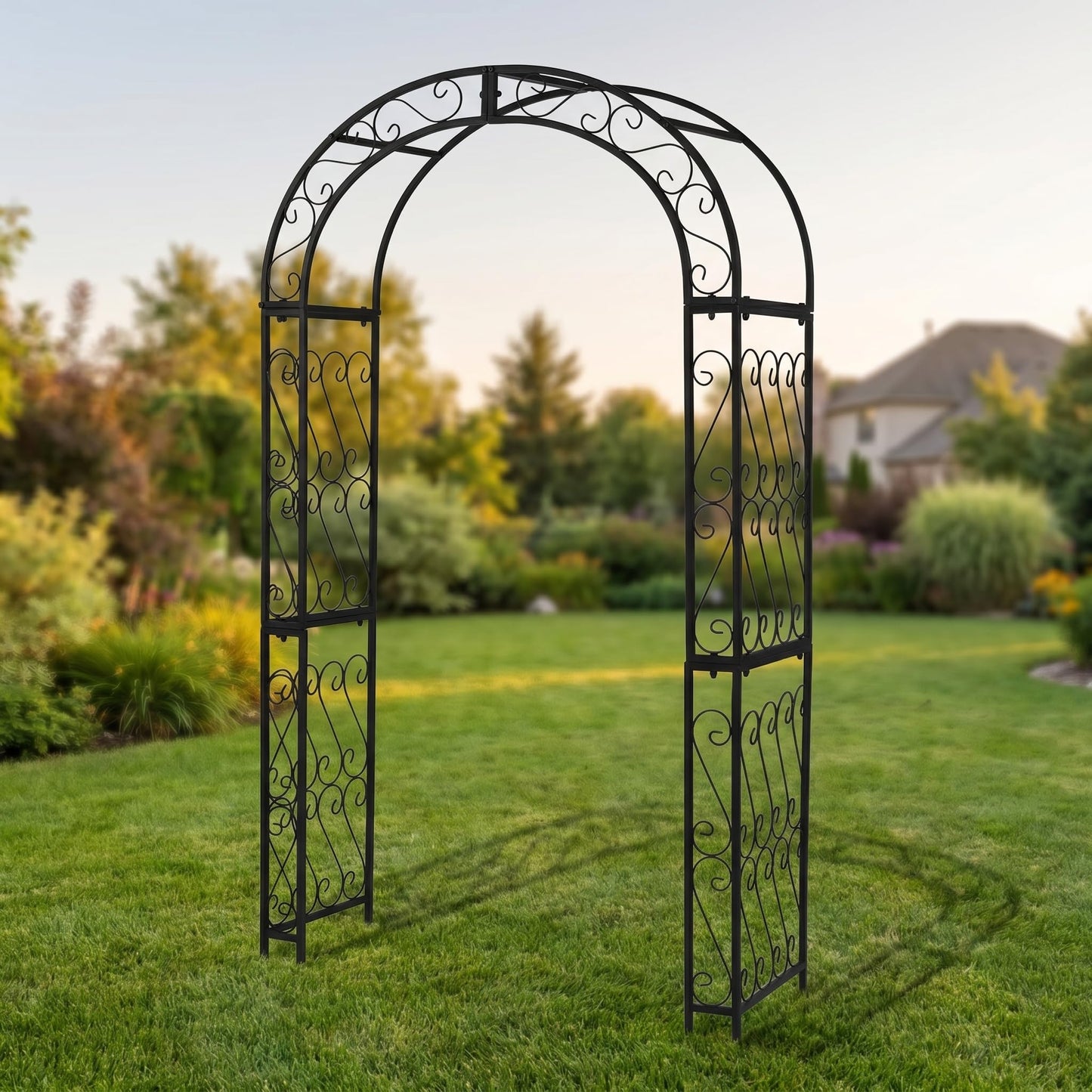 Flohover 48.8" W x 83.8" H Garden Arch, Black Sturdy Metal Iron Arbor, Courtyard Cast Trellis for Various Climbing Plant, Outdoor European-Style Archway Wedding Ceremony Party