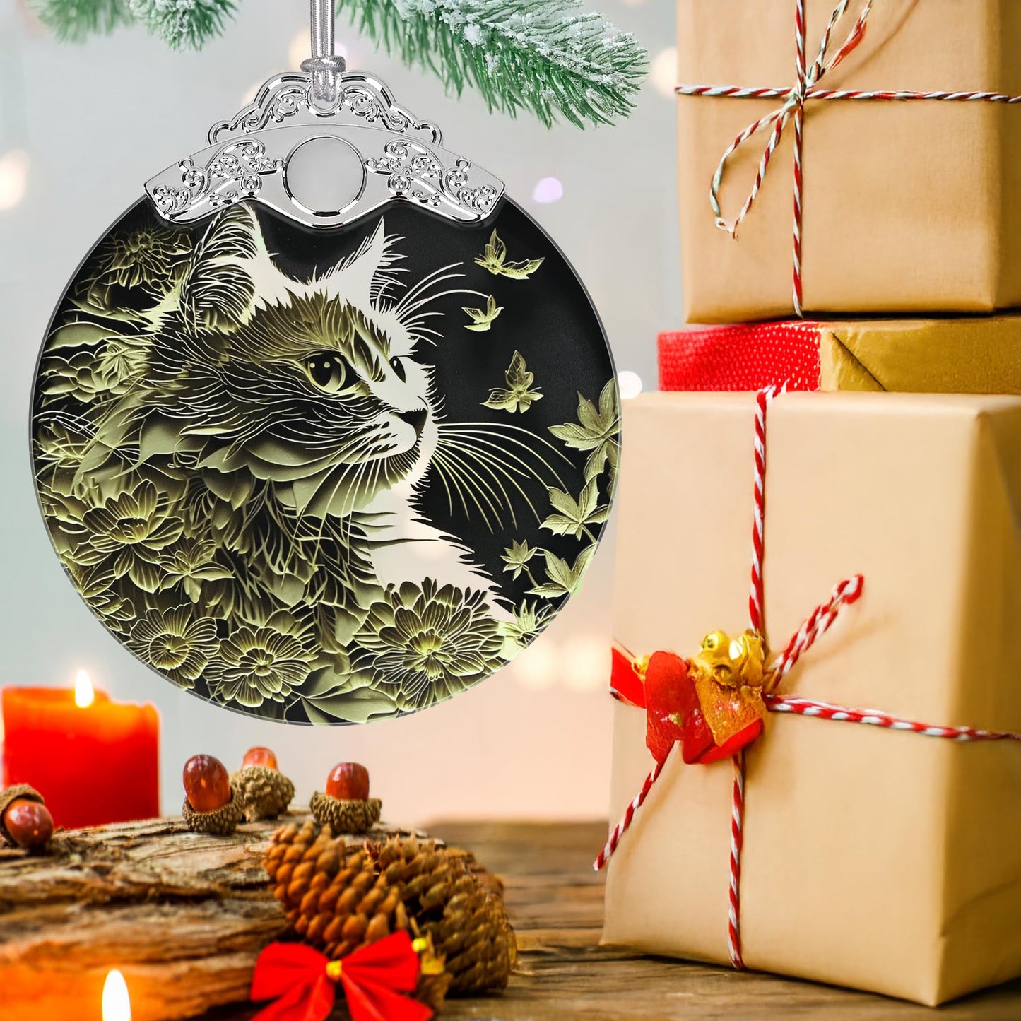 Stained Glass Cat Christmas Ornament - Clearance Xmas Gift for Cat Lovers