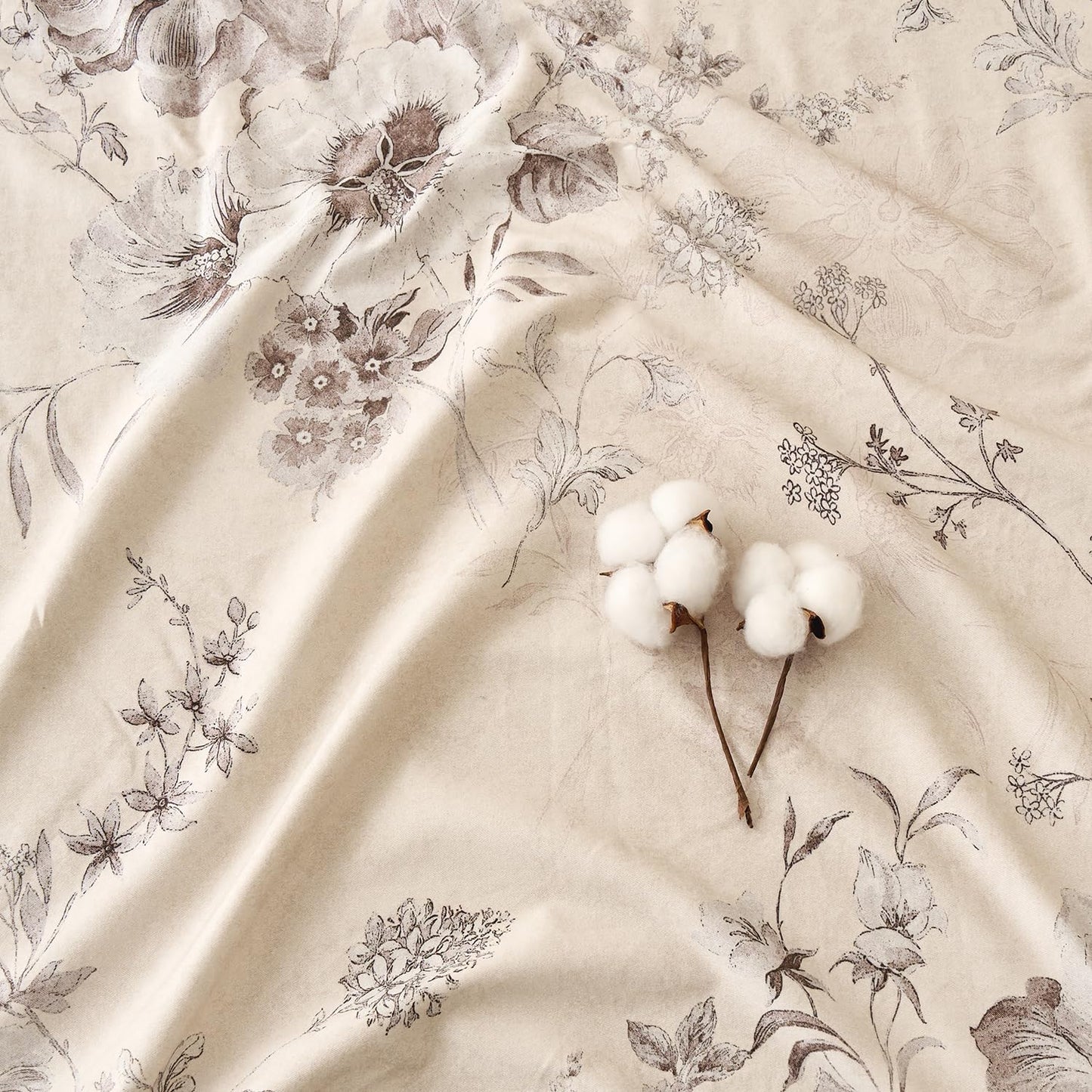 Huborise Beige Queen Sheet Set 100% Cotton Flannel-Like Warm Luxury Peony Toile Floral Bed Sheets 4Pc Deep Pocket 17.5", Double Brushed Extra Soft Breathable, Fall/Winter French Country Bedding