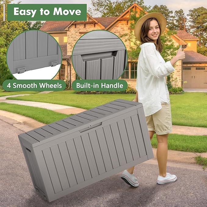 Outdoor Storage Box, Resin Deck Boxes Indoor and outdoor, Waterproof Storage Box Lockable Lid (Grey, 85 Gallon)