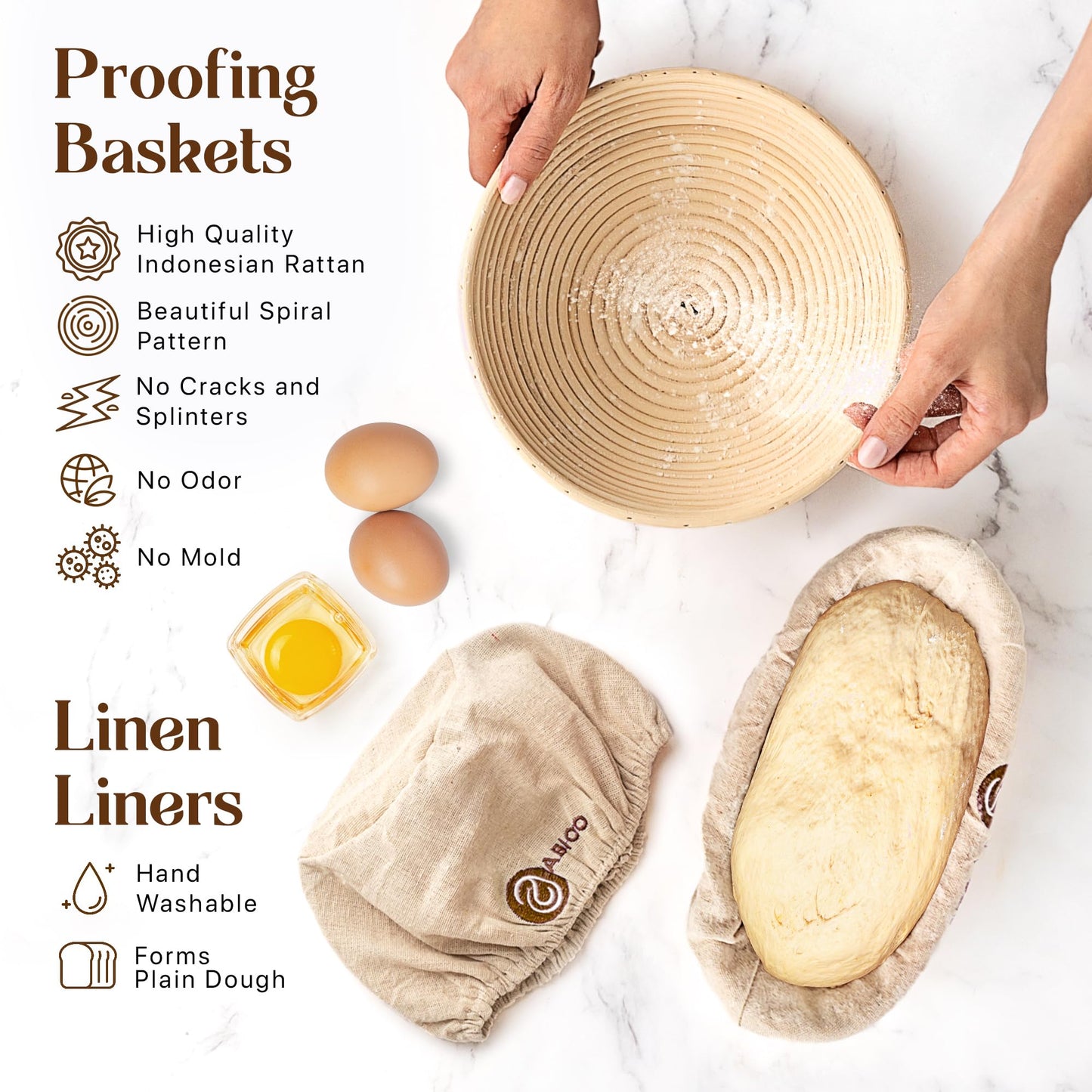 Banneton Bread Proofing Basket Set – Sourdough Bread Making Kit with Handcrafted 9″ Round & 10″ Oval Rattan Baskets and Professional Sourdough Tools