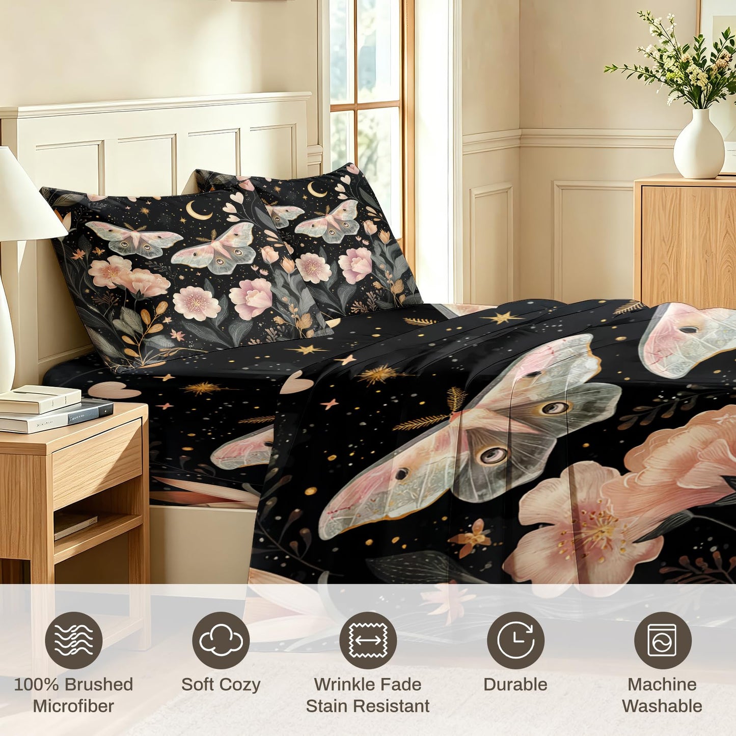 Pink Luna Moth Bedding Set 4 Pcs Girls Moon Star Queen Sheets