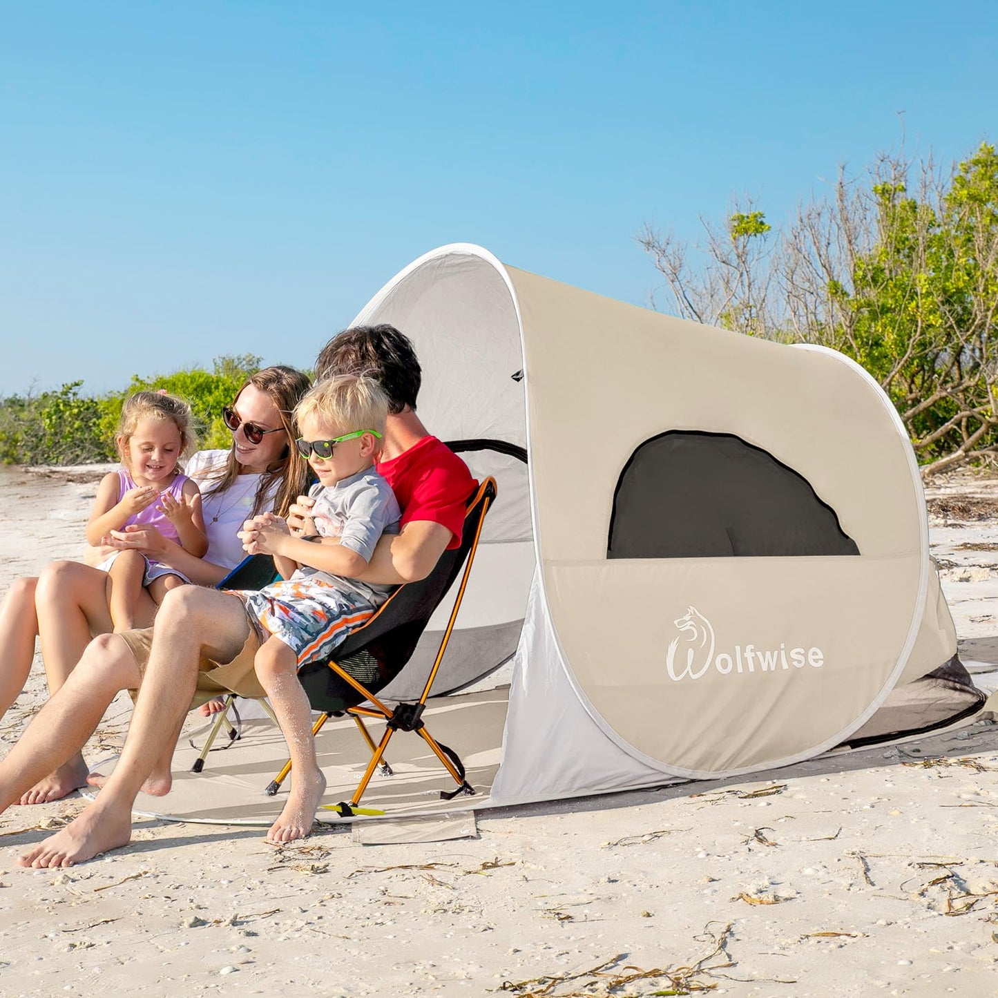 WolfWise UPF 50+ Easy Pop Up 3-4 Person Beach Tent Sport Umbrella Instant Sun Shelter Tent Sun Shade Canopy, Beige