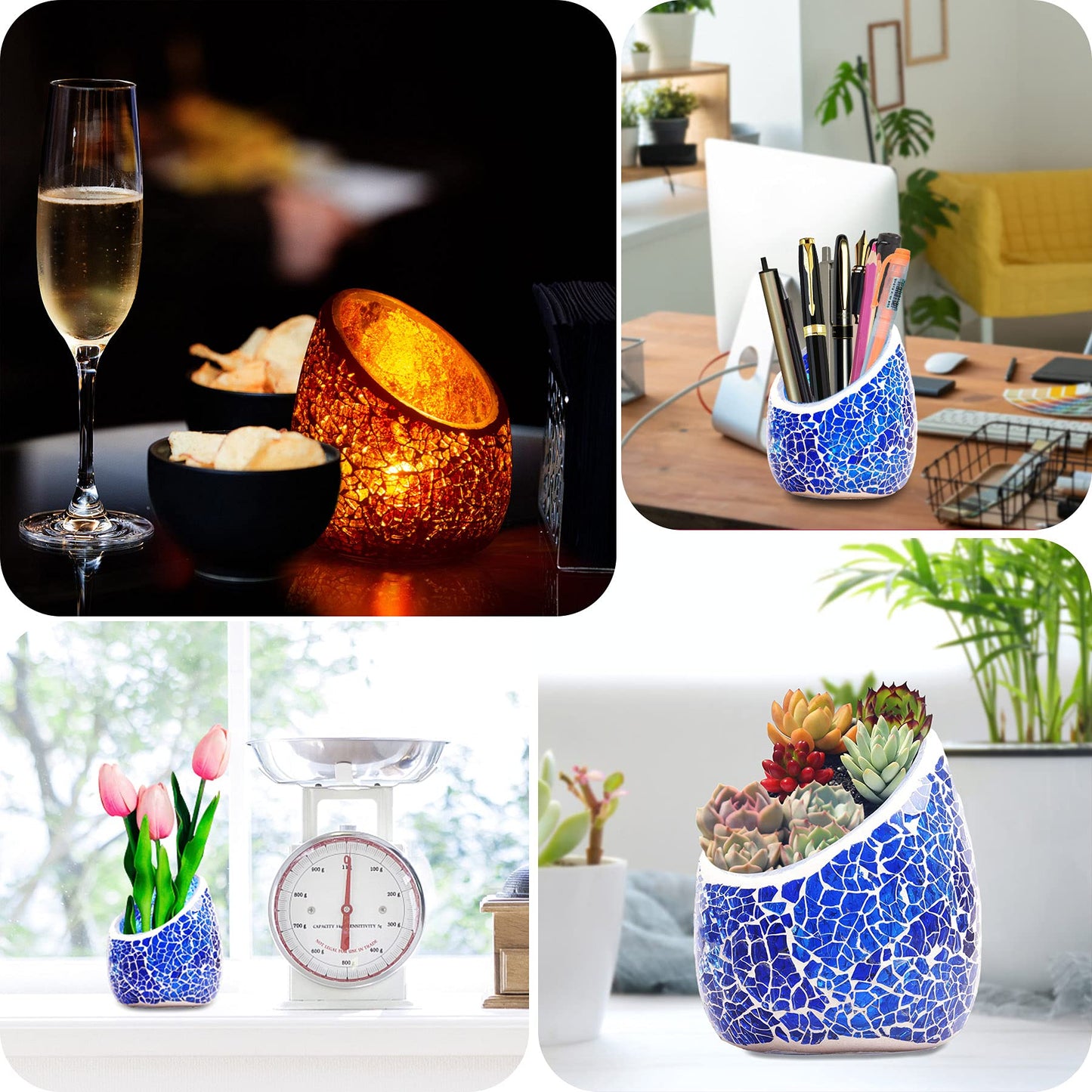 Votive Candle Holder Set, 2 Pc Mosaic Glass Tealight Candle Holder Handmade Romantic Slanted Crystal Centerpiece Candlescape for Valentine's Day