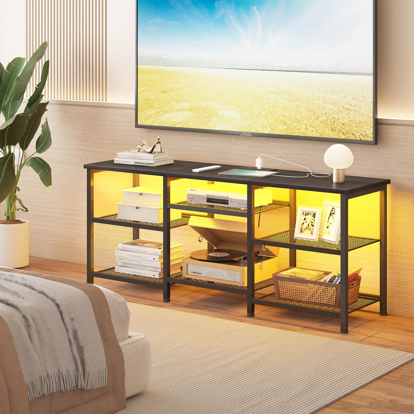 YGEOMER Entertainment Center for TVs Up to 50 Inch, Entertainment Stand with Power Outlet and LED Lights Open Storage Shelves, TV Console Table for Living Room and Bedroom, Black