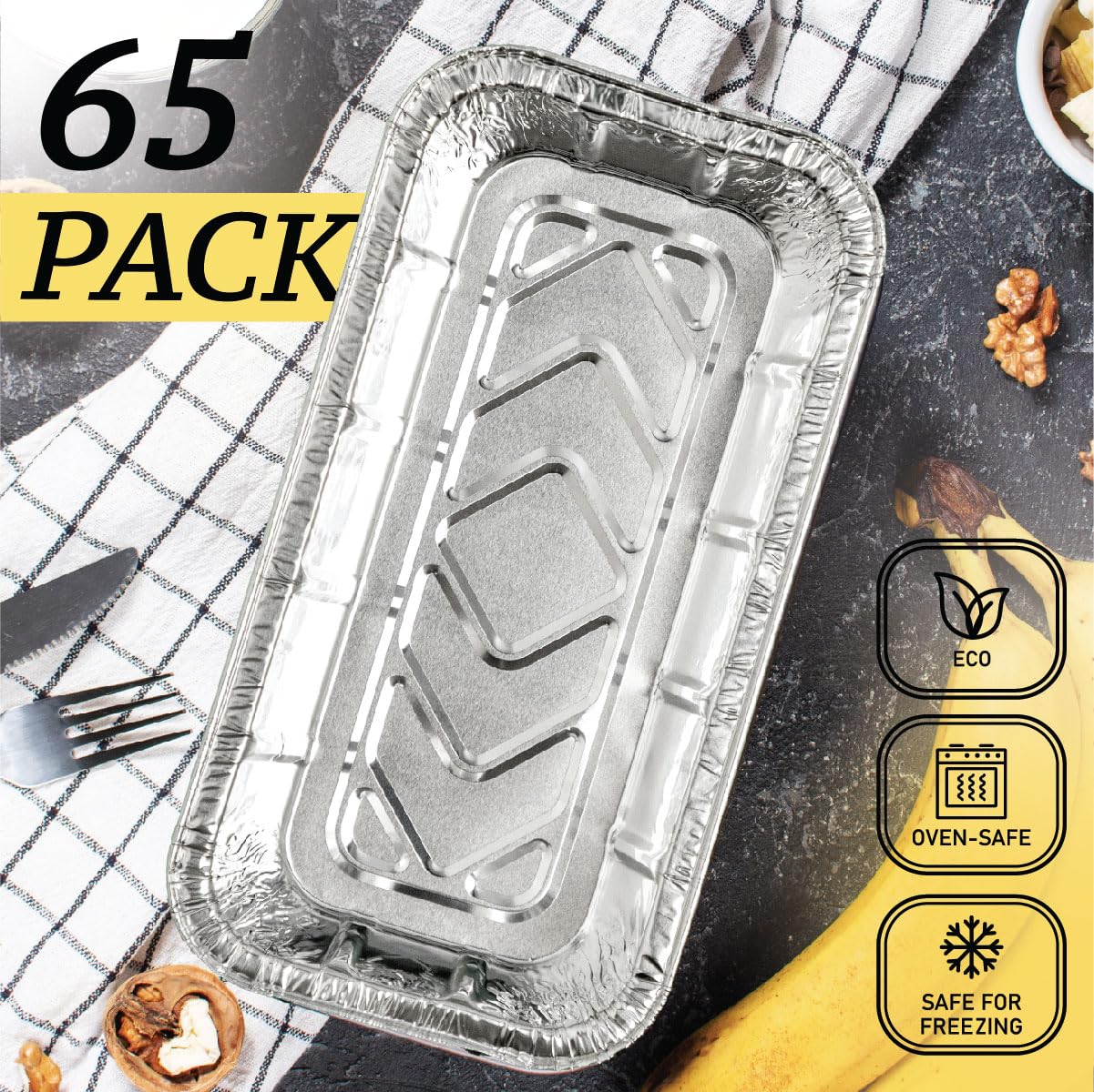 Spare Essentials (65 Pack) 2Lb Foil Bread Pans for Baking, Disposable Bread Pans - Perfect for Baking Banana Bread, Cakes & Meatloaf - 2 Pound Aluminum Pans for Food Serving - 8.5" X 4.5" X 2.5"