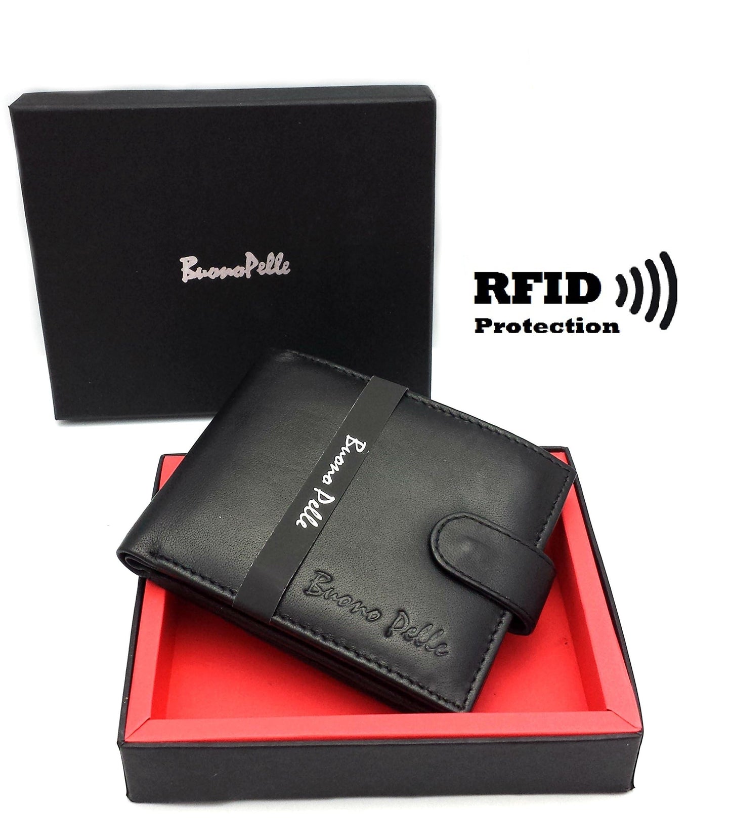 Buono Pelle RFID Blocking Mens Designer Genuine Real Soft Leather Wallet with Large Side Zip Coin Pocket/Pouch Gift Boxed