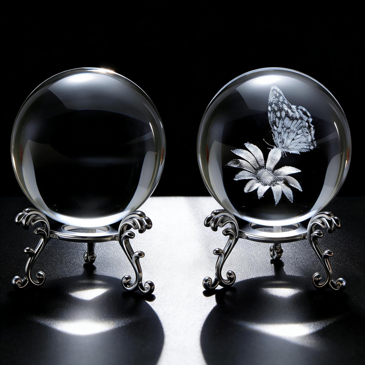 vskikris 3D Laser Engraved Crystal Ball Set, 60mm K9 Clear Crystal Sphere with Butterfly & Flower Design + Blank Ball, with Gold Stand, for Home Decor, Feng Shui, Unique Gift for Women