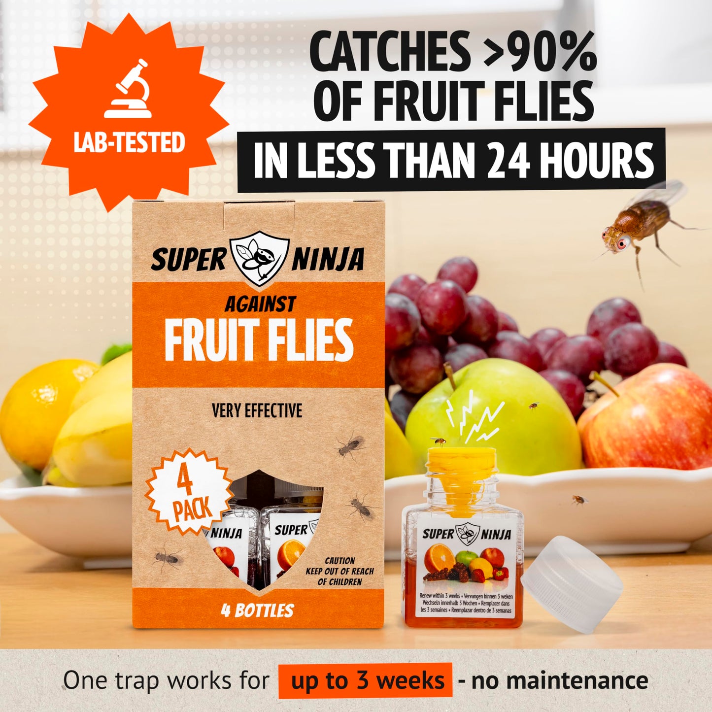 Super Ninja Fruit Fly Trap - 4 pack, Highly Effective Fruit Fly Killer for Home & Kitchen, Up to 3 Weeks of Performance per Bottle, Child & Pet Friendly