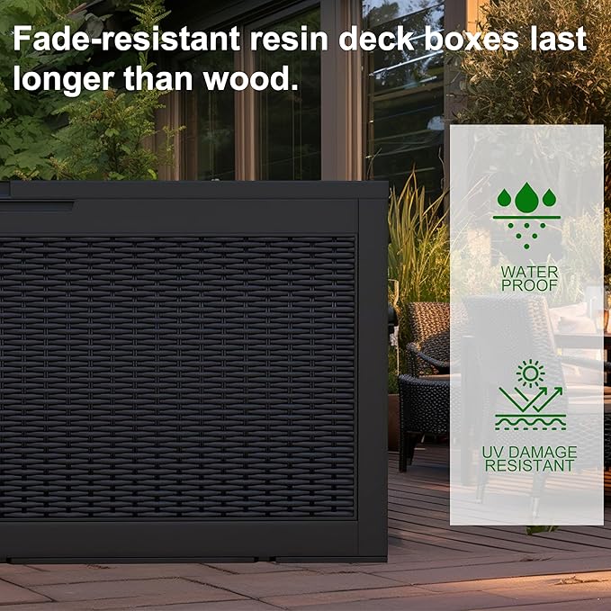 100 Gallon Outdoor Deck Box, Lockable Waterproof Outdoor Storage Boxes For Garden Tools,Indoor Cushions,Accessories Outside Storage Resin Weatherproof Container(Black)