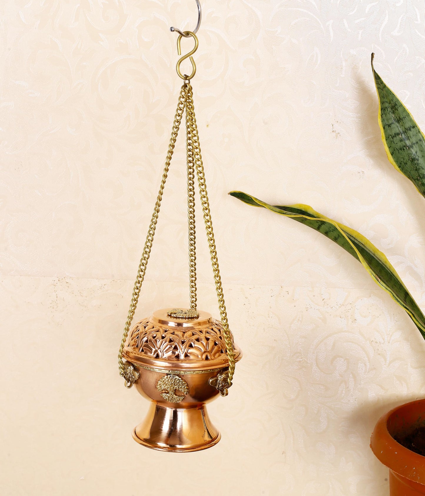 Indian Consigners Copper Altar Incense Charcoal Burner Holder with Chain (Tree of Life)