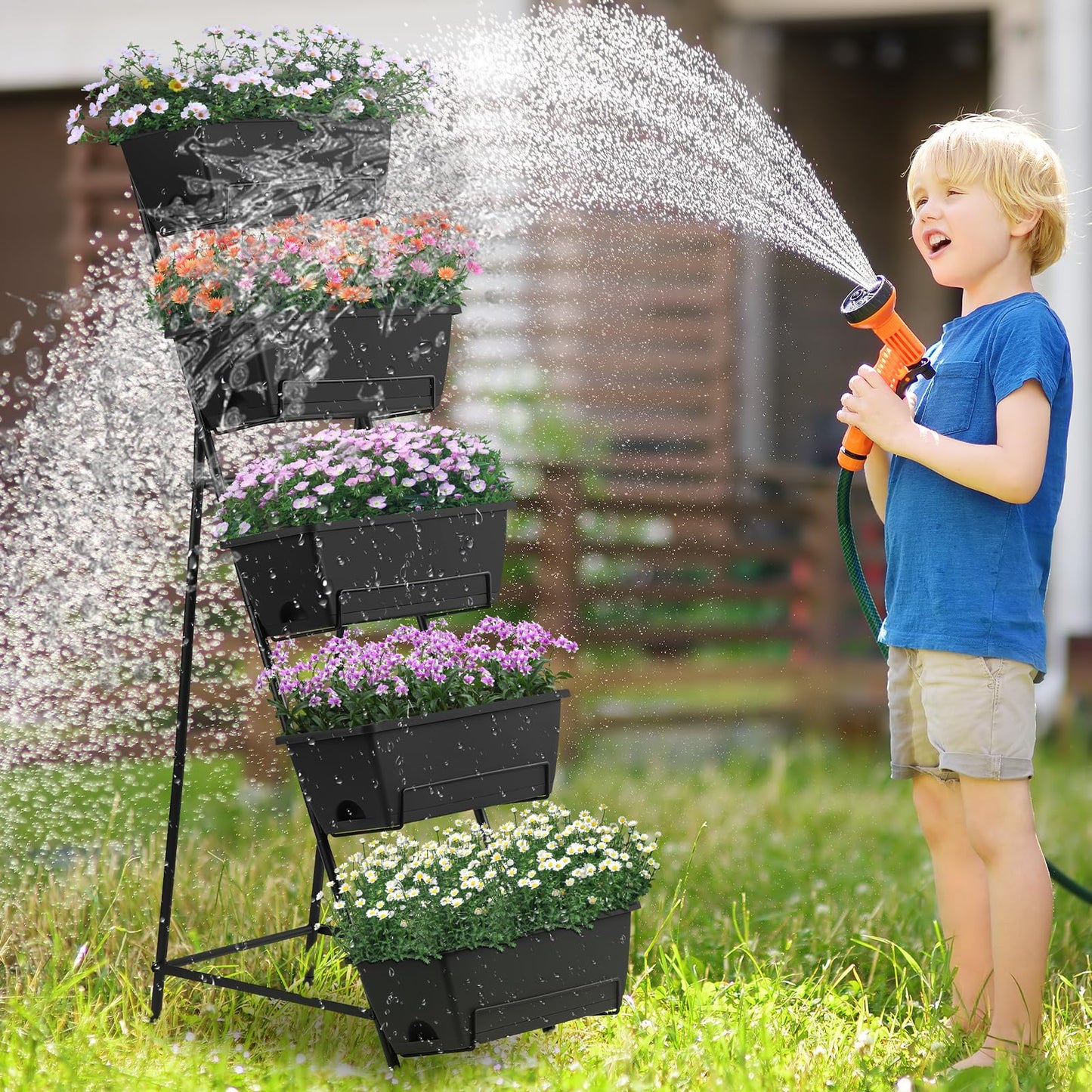 Fogein 5 Tier Vertical Raised Garden Bed Planter Box, Vertical Raised Bed with Drainage Holes for Indoor Outdoor Herbs Flowers Vegetables Plants, Black