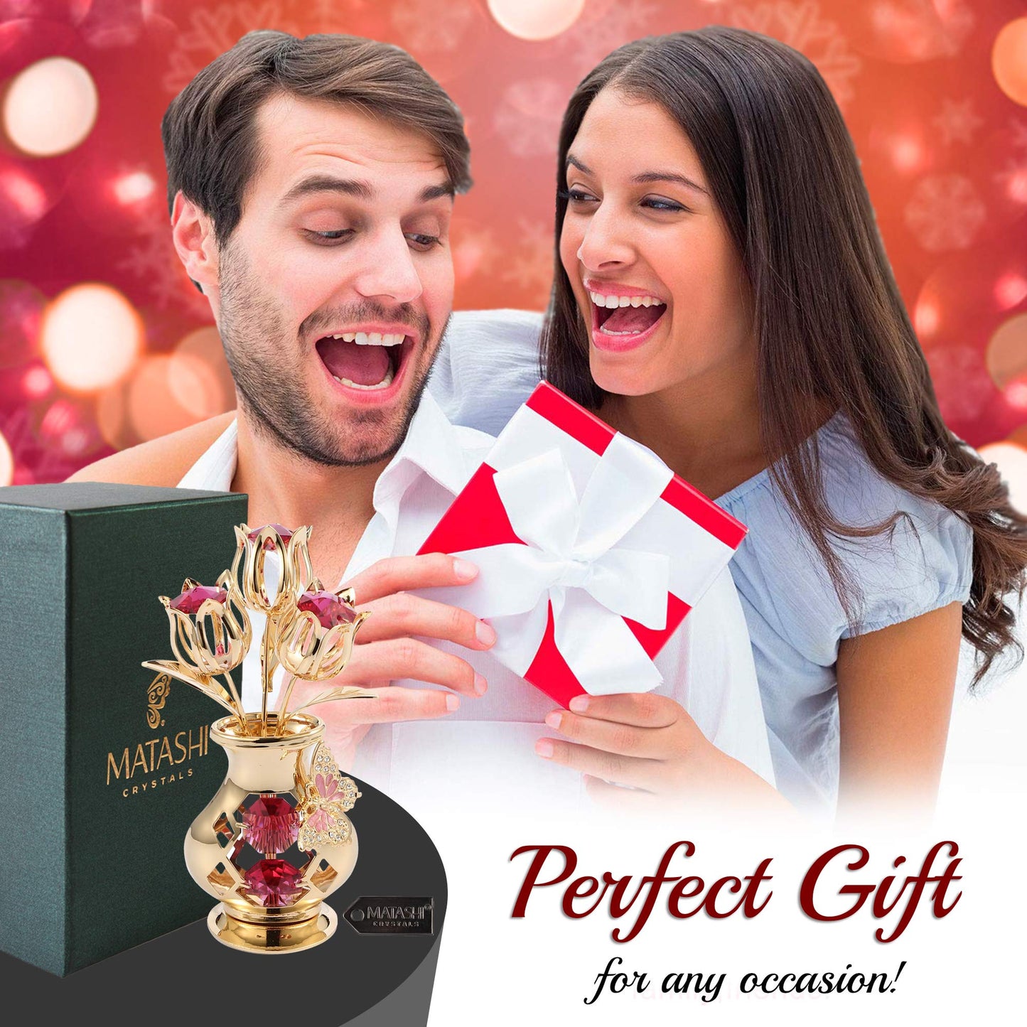 Matashi Crystal Studded 24K Gold Plated Tulip Bouquet in Butterfly Vase – Unique Crystal Flower Figurine for Women, Anniversary, Birthday, and Home Decor Centerpiece