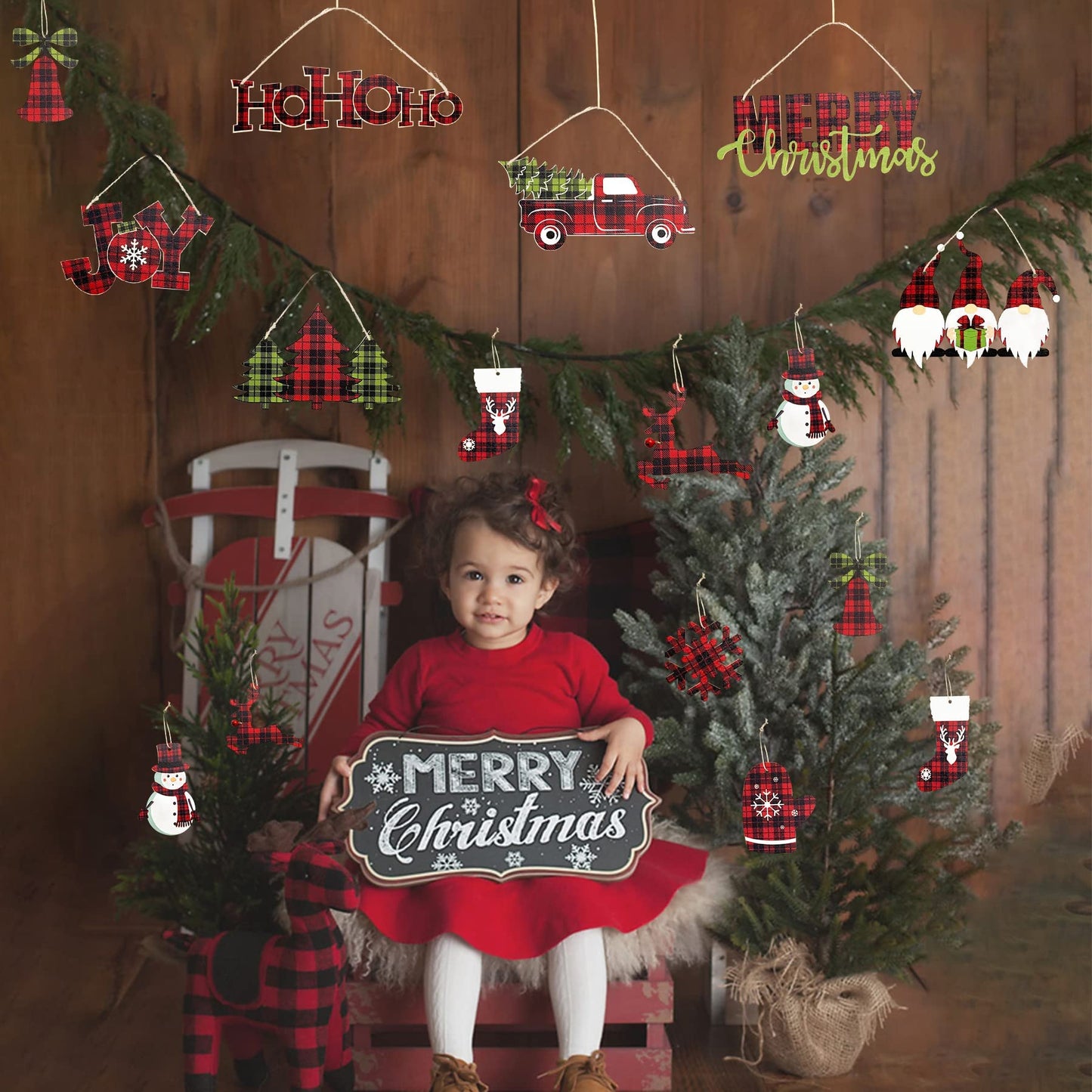 Clearance 18Pcs Christmas Tree Ornaments Buffalo Plaid Merry Christmas Ho Ho Ho Joy Sign Wooden Xmas Red Truck Gnomes Snowflake Snowman Reindeer Bell Sock Glove for Holiday Party Decorations Supplies
