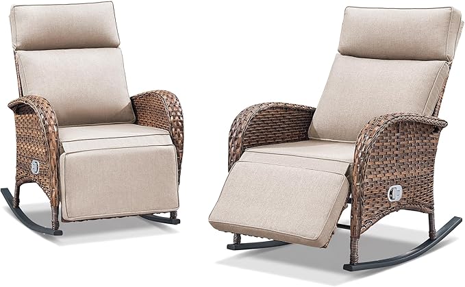 Zero Gravity Patio Rocking Wicker Recliner Chairs Set of 2- Wicker Outdoor Lounge Chair with Adjustable Backrest & Footrest, All Weather Reclining Rocker Chairs with Thick Cushion for Pool Deck Beige