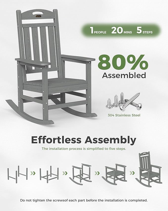Oversized Outdoor Rocking Chair Set of 4, High Back Porch Rocker Chair, HDPE Rocking Chairs for Patio, Living Room, Light Grey