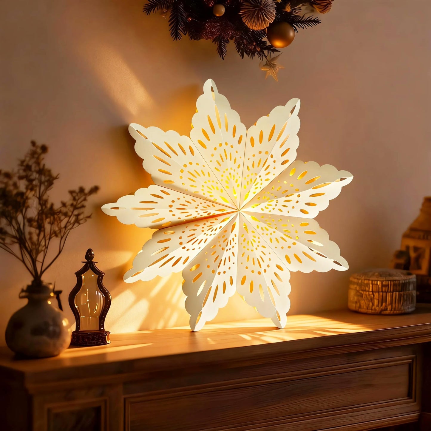 12 Pcs Christmas Paper Snowflake Lanterns, 3D Christmas Paper Star Lanterns with LED Lights, 10/12 Inch White Hanging Snowflake Lamps for Xmas Winter Frozen Weddings New Year Party Decorations