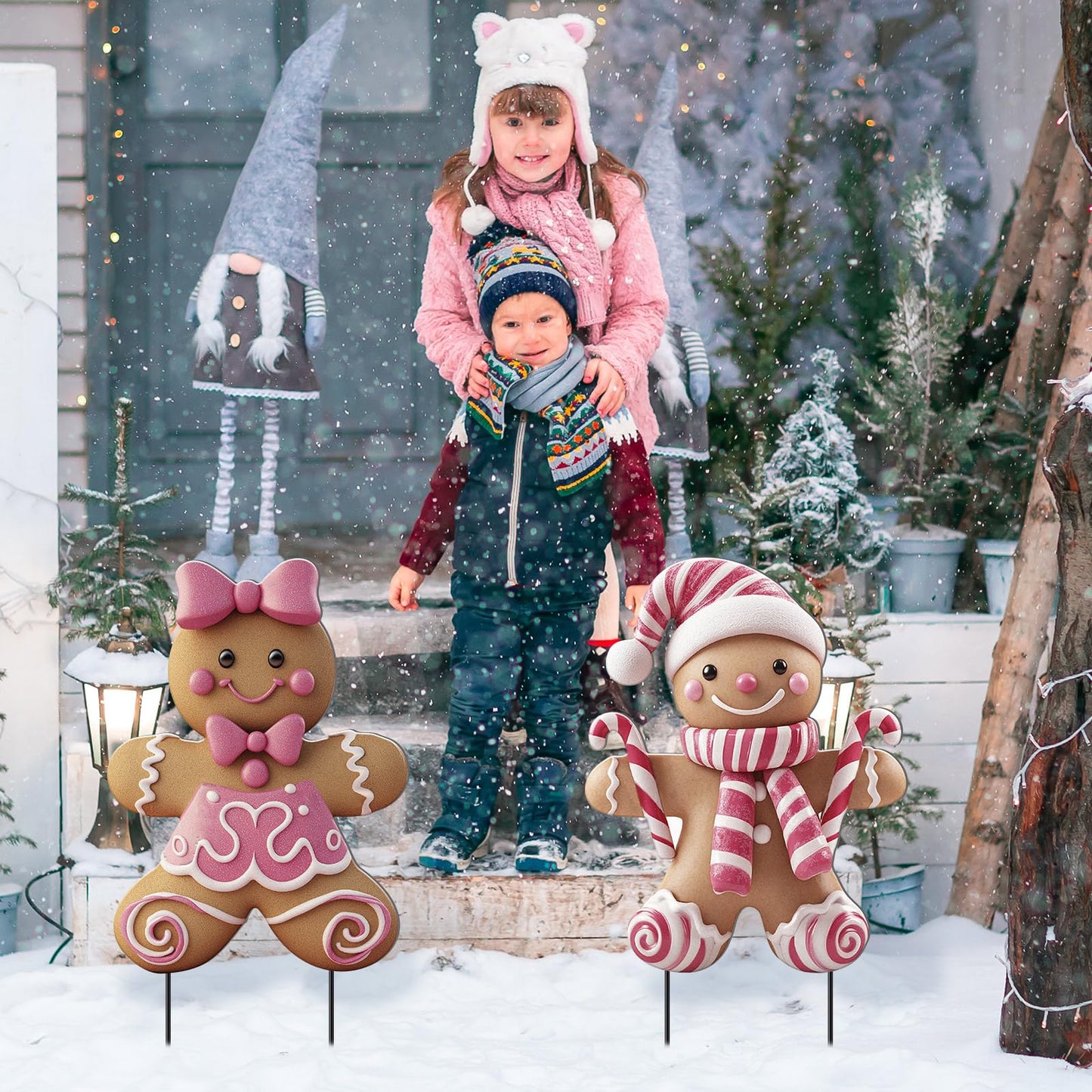 Memorywuu 2 Pack Christmas in July Yard Stakes Metal Stakes 3D Boy and Girl Yard Sign Christmas Outdoor Decorations for Outside Holiday Xmas Winter Ornament Lawn(Pink Gingerbread Man Couple)