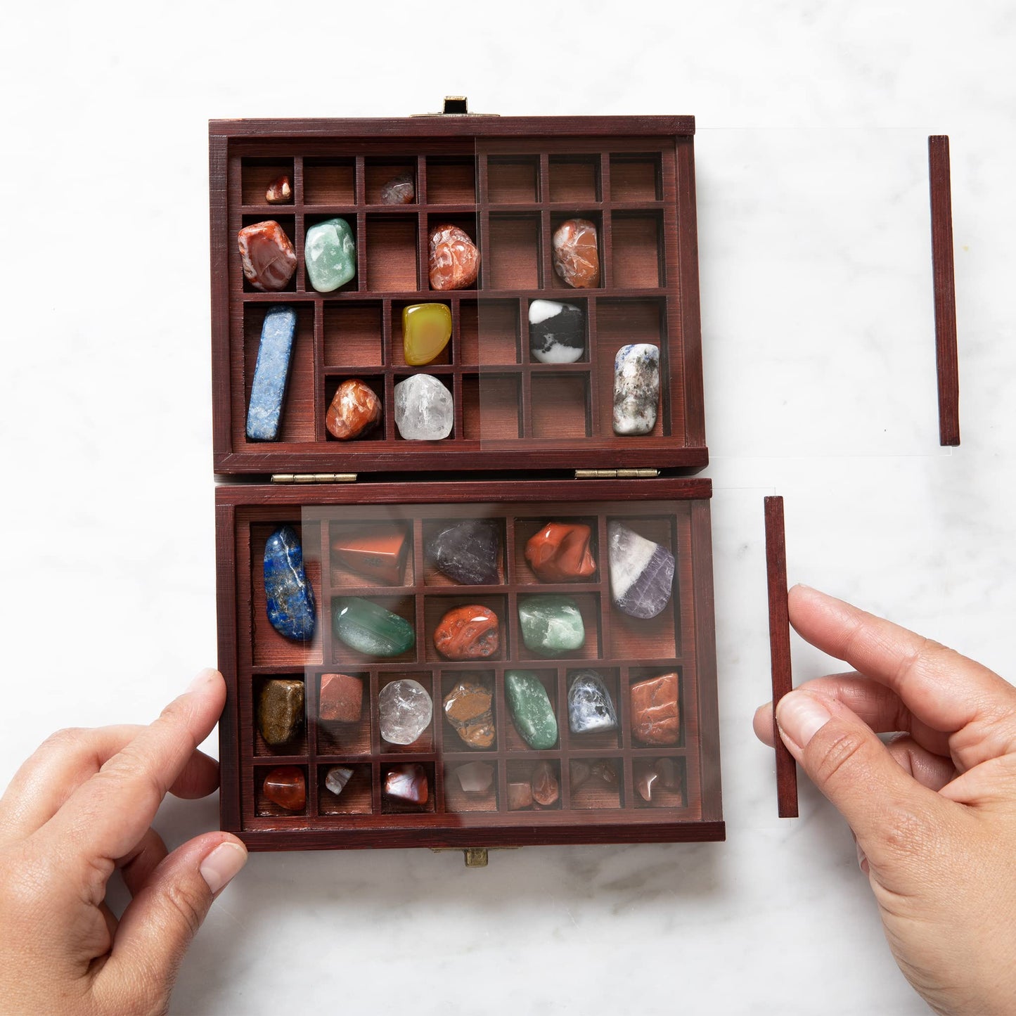 SmartyRocks Small Portable Rock Display Case Hand-Sized, 48-Slotted Shadow Box for Gemstones or Beads Bamboo-Wood Collection Case with Plexiglass for Kids