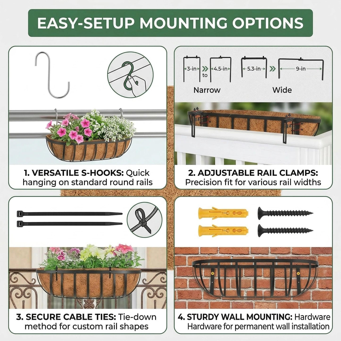 ZVOWOS 4 Pack 24" Railing Planter Window Box with Coco Fiber Liner Horse Trough Planter The Railing Planter Boxes for Deck Porch Fence Outdoor