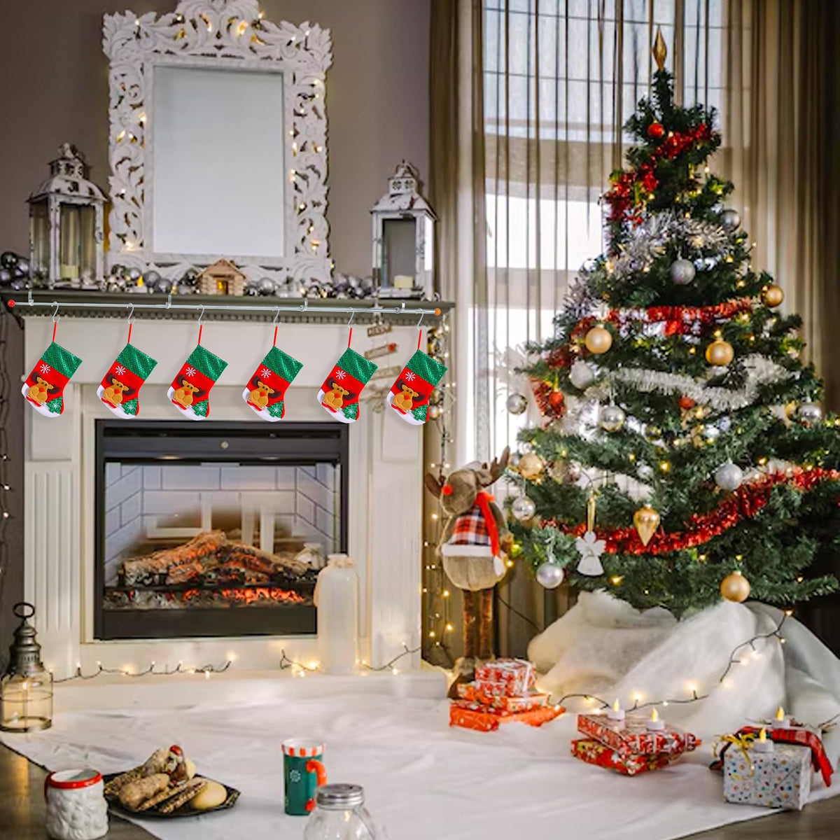Muximud 3 in 1 Christmas Fireplace Stocking Holders for Mantel, 59" Adjustable Metal Mantel Garland Stocking Hanger Rod with 10 Hooks for Holiday Fireplace Counter Window Decoration