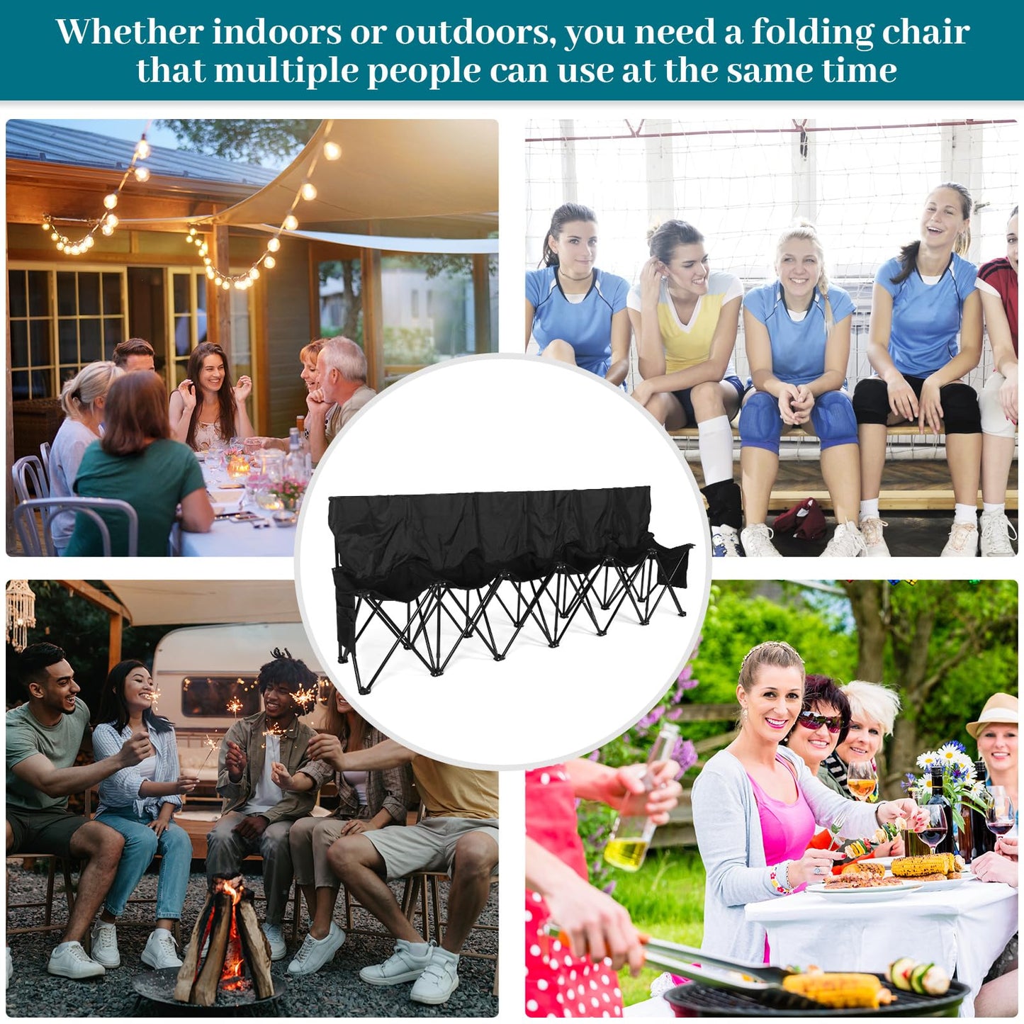 Kigley 6 Seats Folding Soccer Bench Chair Portable Team Sports Sideline Bench for Football Camp Travel Events Outdoor Seating with Storage Bag(Black)