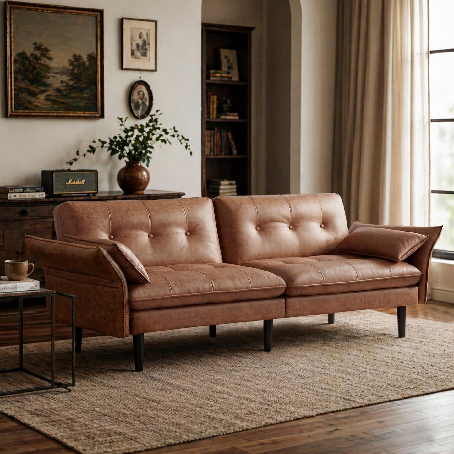 Attalee Convertible Futon Sofa Bed, Faux Leather Futon Couch with 3 Adjustable Angles & Armrests, Sleeper Sofa with Side Pockets for Living Room, Bedroom, Apartment, Camel(Brown)