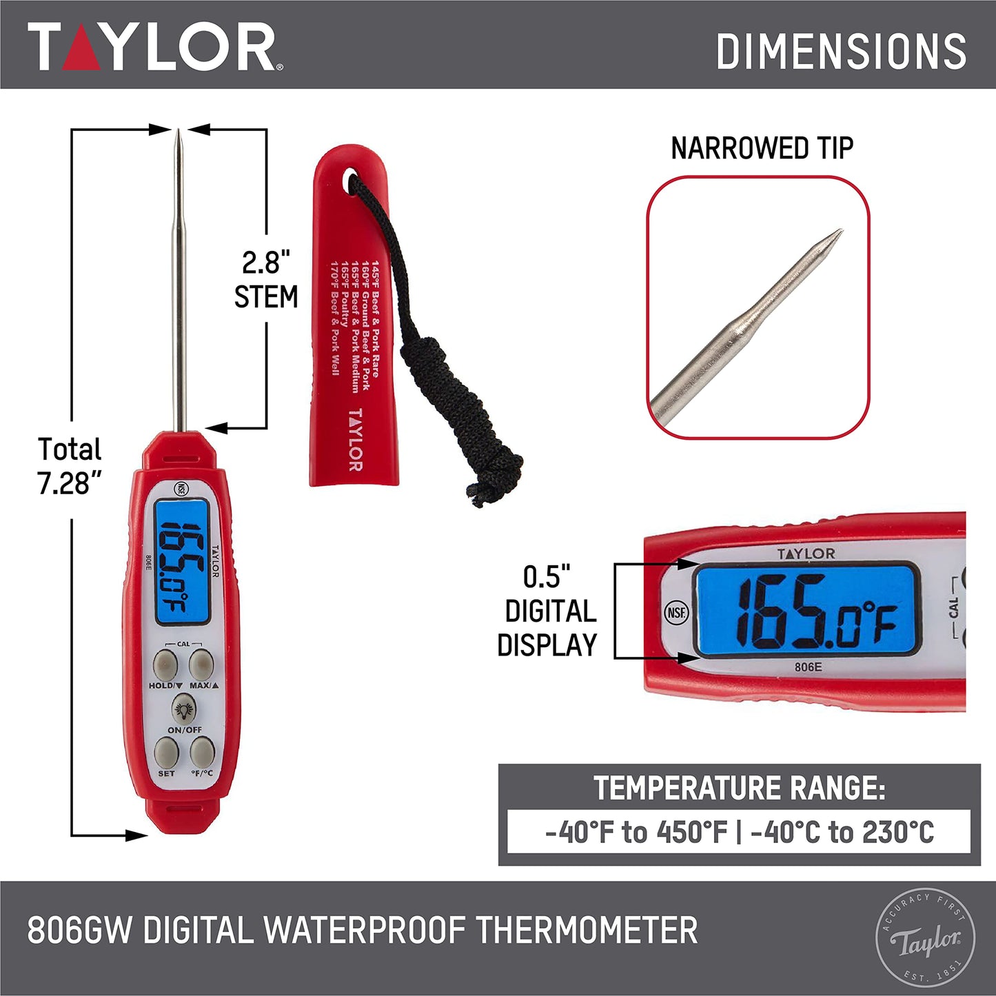 Taylor Digital Waterproof Thermometer with Bright Blue Backlight for Kitchen, Meat, Food, Grill, BBQ Cooking, Red, Standard,(806GW)