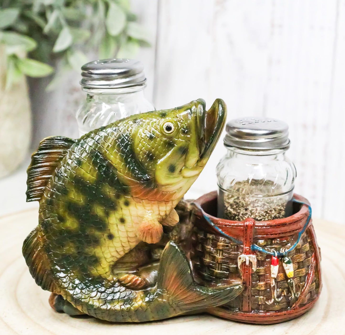 Ebros Gift Nautical Marine Fisherman Sea Bass Fishing With Tackle Box Wicker Saddle Bags Salt and Pepper Shakers Holder Figurine Set for Rustic Cabin Lodge Restaurant Bar Kitchen Decor