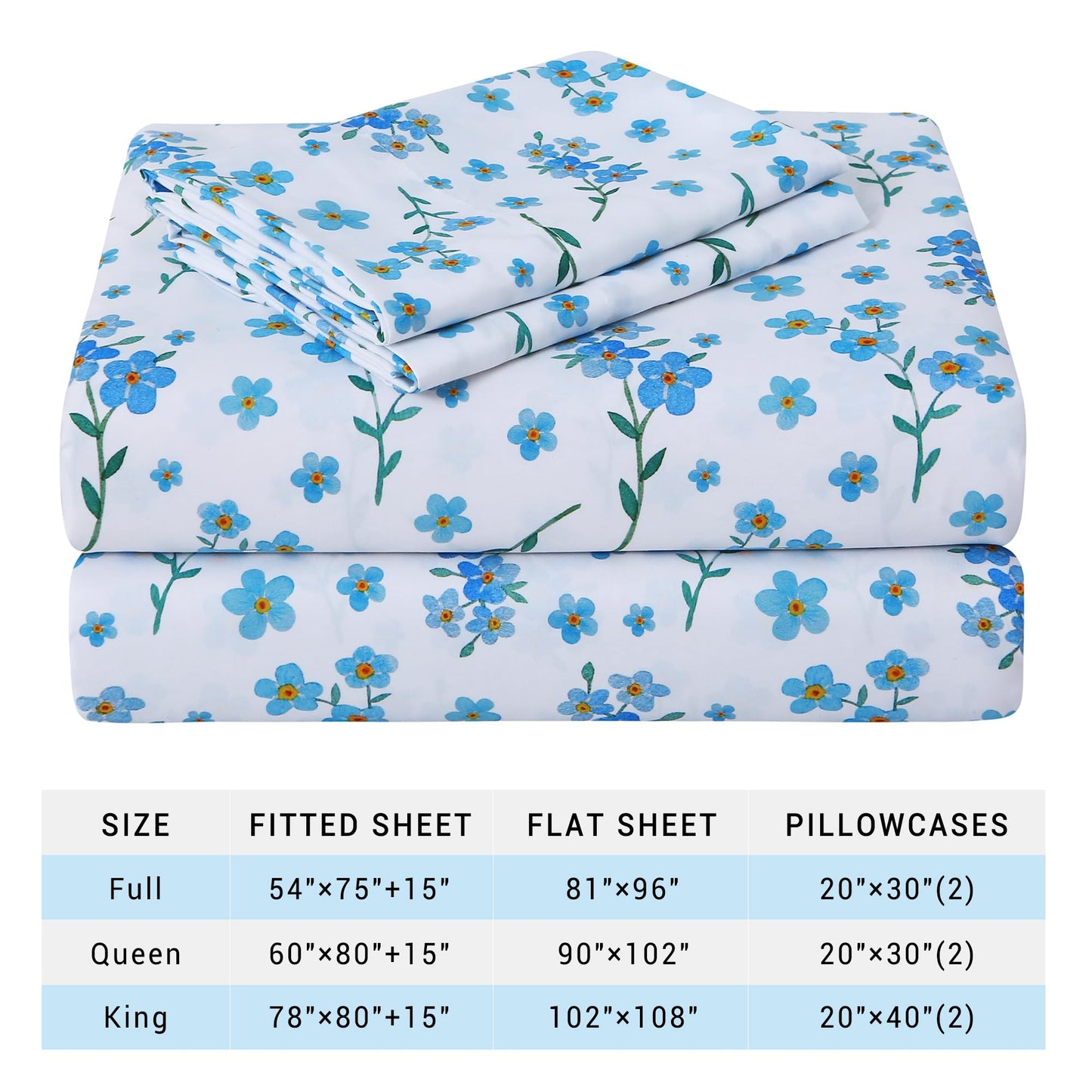 Viviland Floral Twin Sheet Set - 3 Piece Country Fresh Blue Flower Patterned Bed Sheets - Soft, Breathable Microfiber Sheets with Deep Pocket, Non-Slip Fitted Sheets & Pillowcases