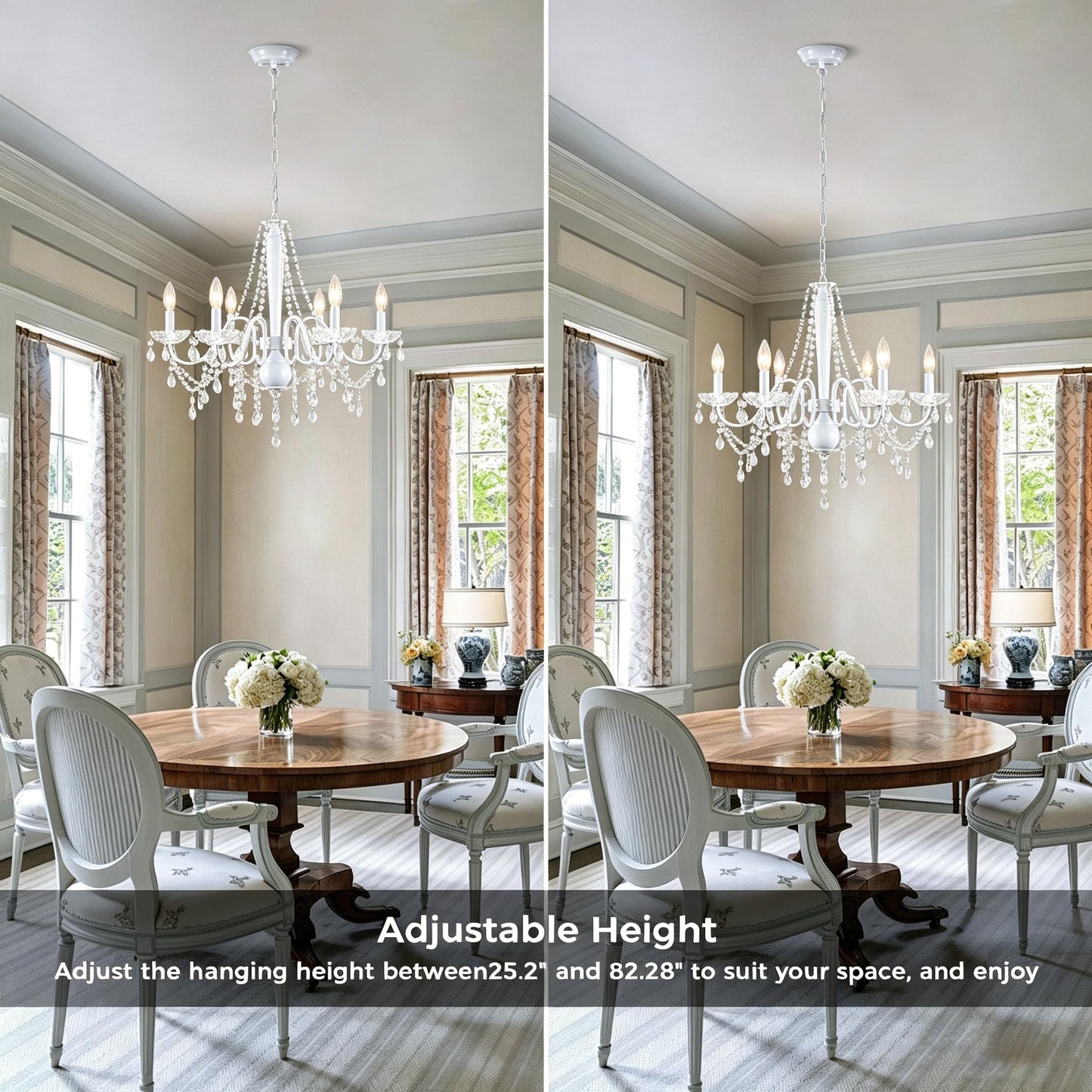 White Crystal Chandelier, 6-Light Modern Chandelier for Dining Room Light Fixture, Elegant Crystal Pendant Ceiling Light Fixture, 25" French Candle Chandelier for Bedroom Living Room Kitchen Entryway