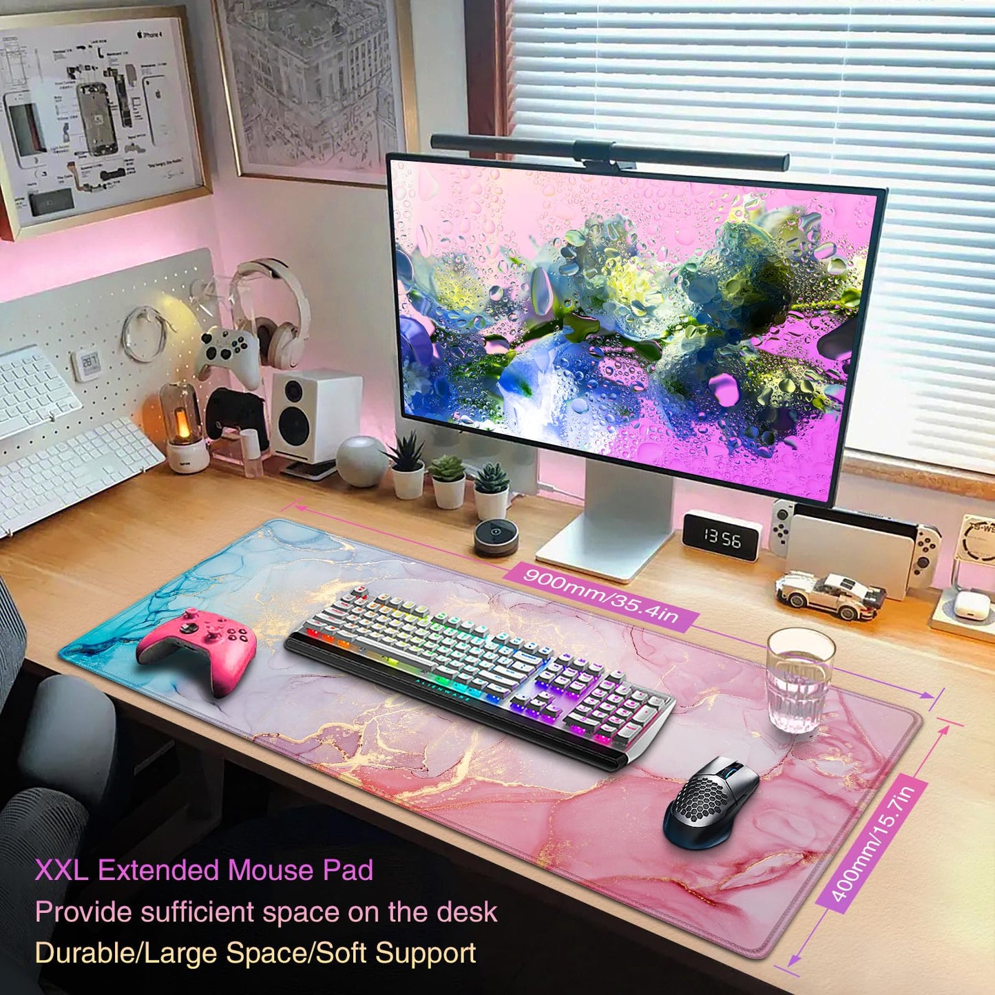 Acezeek Large Mouse Mat,Gaming Mouse Pad,900X400mm(35.4X15.7in) XXL Mousepad,Desk Protector Mat with Anti-Slip Base,Waterproof&Durable Mousemat for Gaming,Office,Home(Pink Blue)