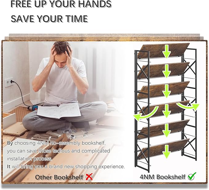 4NM Extra Wide 6 Tiers No Assembly Book Shelves, 61.8" H Folding Bookshelf