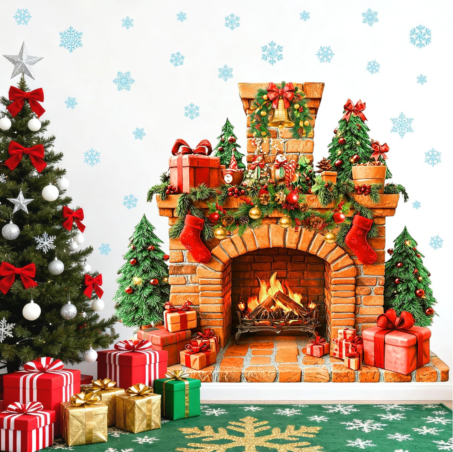 Large Fireplace Wall Stickers Removable Christmas Wall Decals Peel and Stick Fireplace Mural Sticker Winter Tree Snowflake Holiday Decorations for Walls Xmas Fire Flame Decal Party Decor