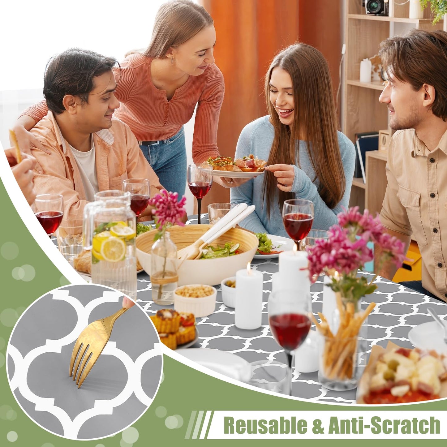 Smiry Rectangle Picnic Table Cover, Waterproof Elastic Fitted Camping Tablecloths for 6 Foot Tables, Wipeable Flannel Backed Vinyl Tablecloth Protector for Indoor, Outdoor (Grey, 30x72 Inches)