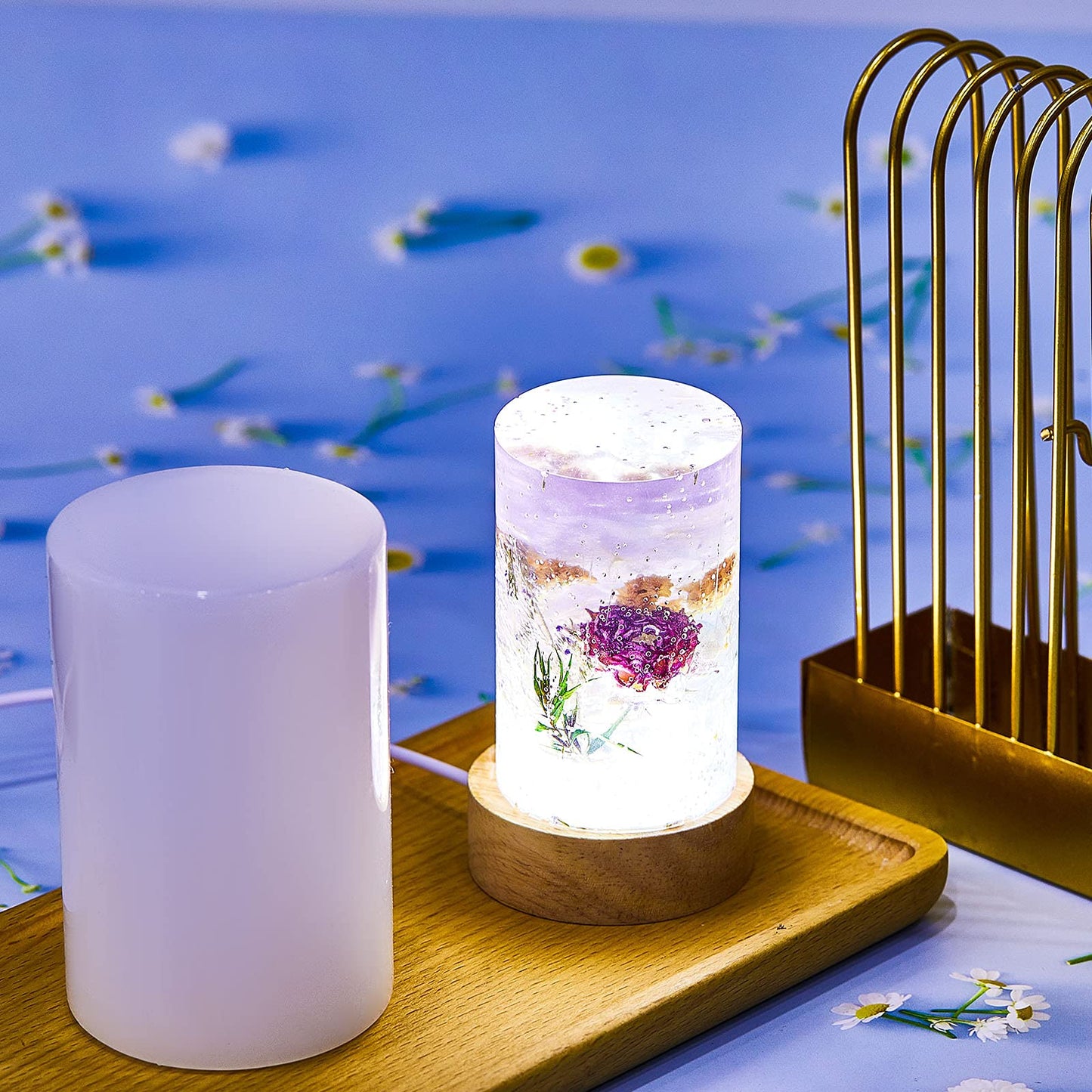 2 Pieces Cylinder Light Resin Silicone Mold Set, Include Cylinder Light Resin Mould and USB Powered Wooden Lighted Base Stand for DIY Desktop Ornaments Table Lamp Table Candle Home Decorations