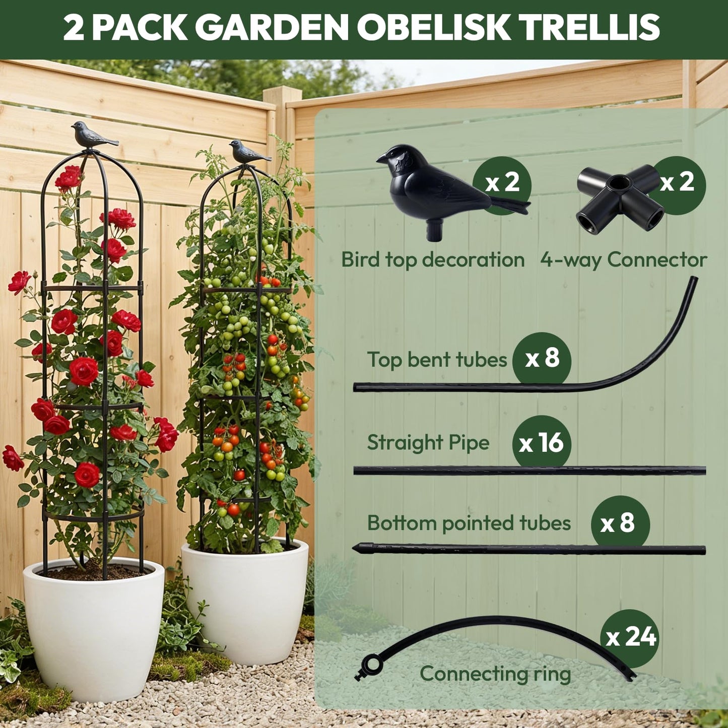 2 Pack Garden Obelisk Trellis for Climbing Plants, 6FT Plant Cages and Supports, Tomato Cage Tall Plant Stakes Indoor & Outdoor, Trellis for Potted Plants, Vegetables, Fruits, Flowers, Pots, Vines