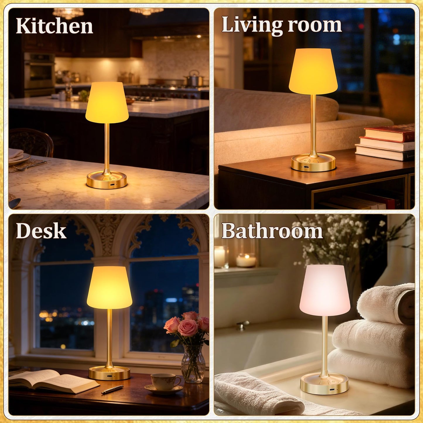 BOMFLORE Small Shower Lamp Waterproof: Table Lamp with 4000mAH Battery - Rechargeable 3 Dimmable Cordless LED Lamp for Desk Bedroom Living Room Bathroom - Gold Touch Light for Parents Kids